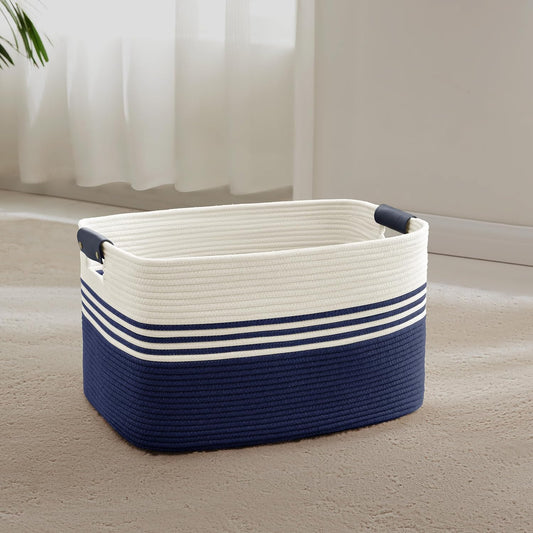 45L Small Laundry Basket with Leather Handles for Living Room Storage, Woven Rope Baskets Bin for Blanket, Kids Toy, Gifts, Wicker Hamper for Bedroom Dirty Clothes, 18"x14"x11" White Navy