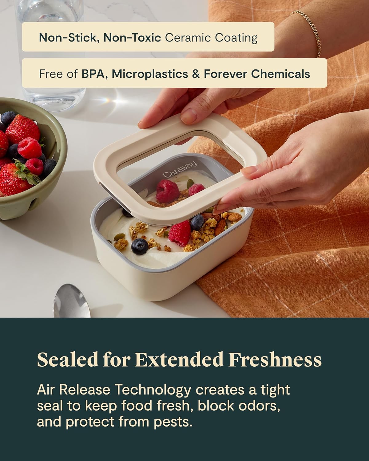 Caraway 6pc Glass Food Storage Set - 2.6 Cup Storage Containers For Food (6) - Non-Toxic Ceramic-Coated Glass - Air Release Technology - Compact & Stackable Design - Mist