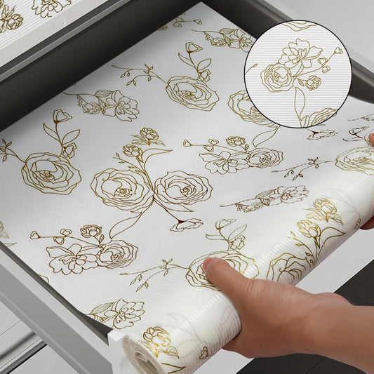 Shelf Cabinet Liner for Kitchen- Non Adhesive Drawer Liner Refrigerator Liner, Premium Waterproof Shelf Paper Protect Surface, Non Slip Easy to Clean Durable EVA Material, Gold Roses, 18 in x 30FT