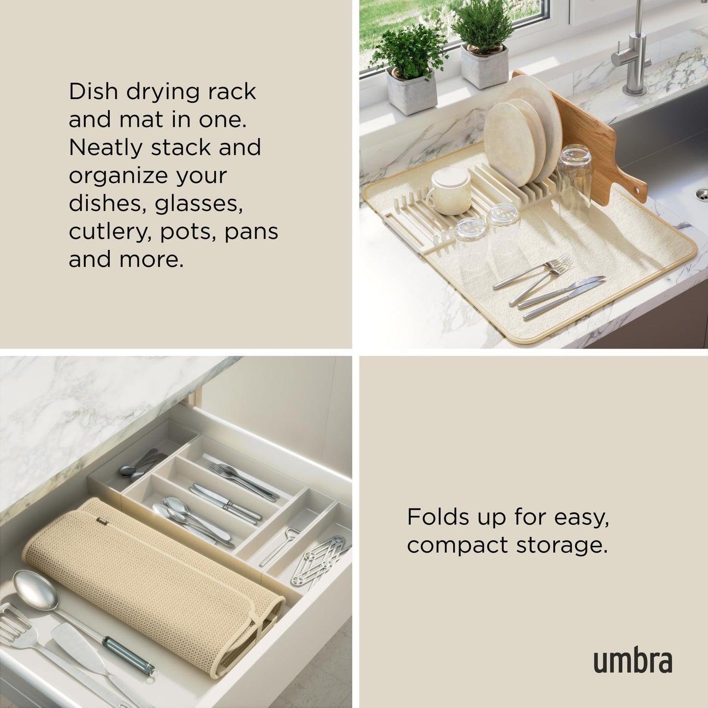 Umbra Udry Dish Drying Rack with Mat, Folds Flat for Storage, Linen