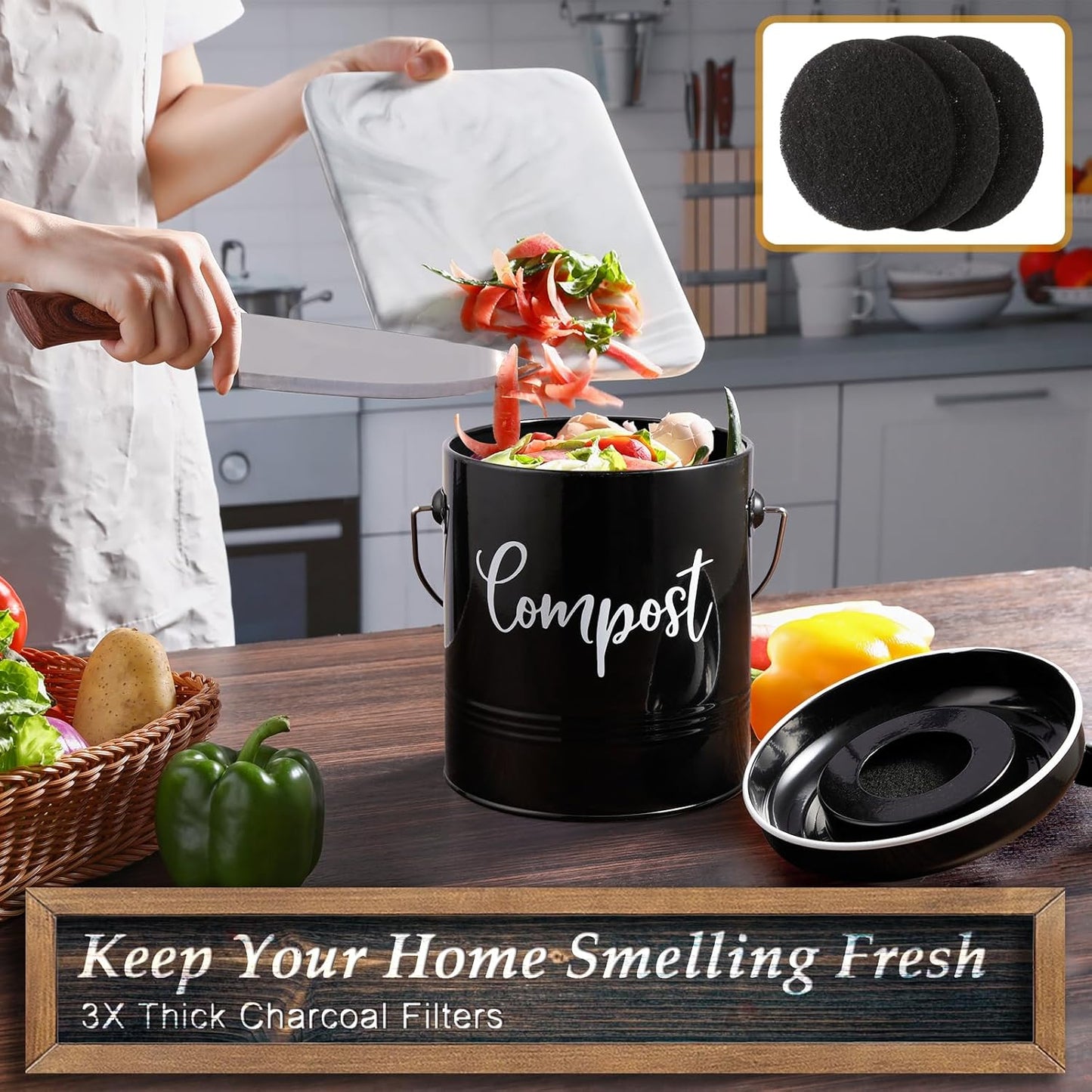 Compost Bin Kitchen, 1.3 Gallon Farmhouse Kitchen Compost Bin Countertop, Indoor Countertop Compost Bucket with Lid and Charcoal Filters, Black