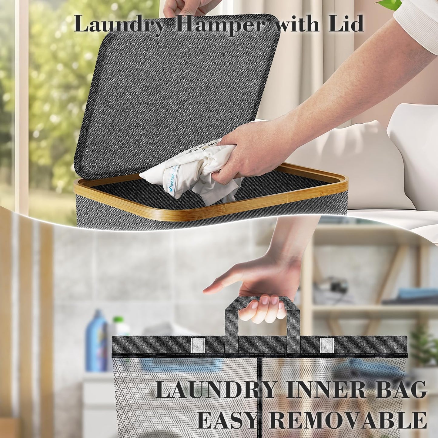 Laundry Hamper with Wheels,29 Gal (110L) Laundry Basket with lid Rolling Clothes Hamper Foldable Dirty Clothes Basket on wheels with Bamboo Frame and Bag for Bedroom, Dorm, Laundry Room-Grey