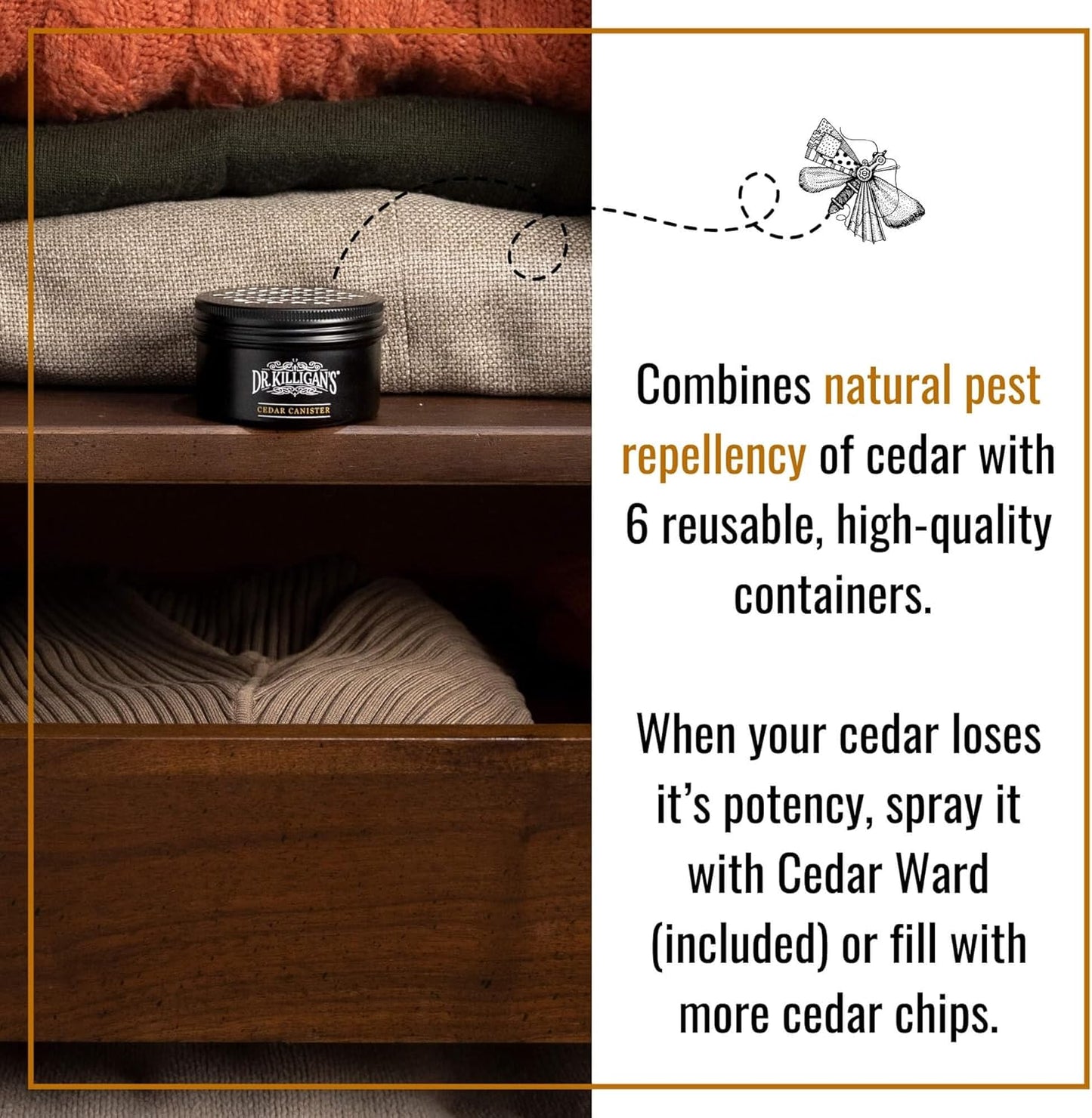 Dr. Killigan's Cedarwood Chip Canisters - Moth Repellent for Closets, Cedar Blocks for Clothes Storage, Drawer Deodorizers, 6 Reusable Tins with Wood Shavings