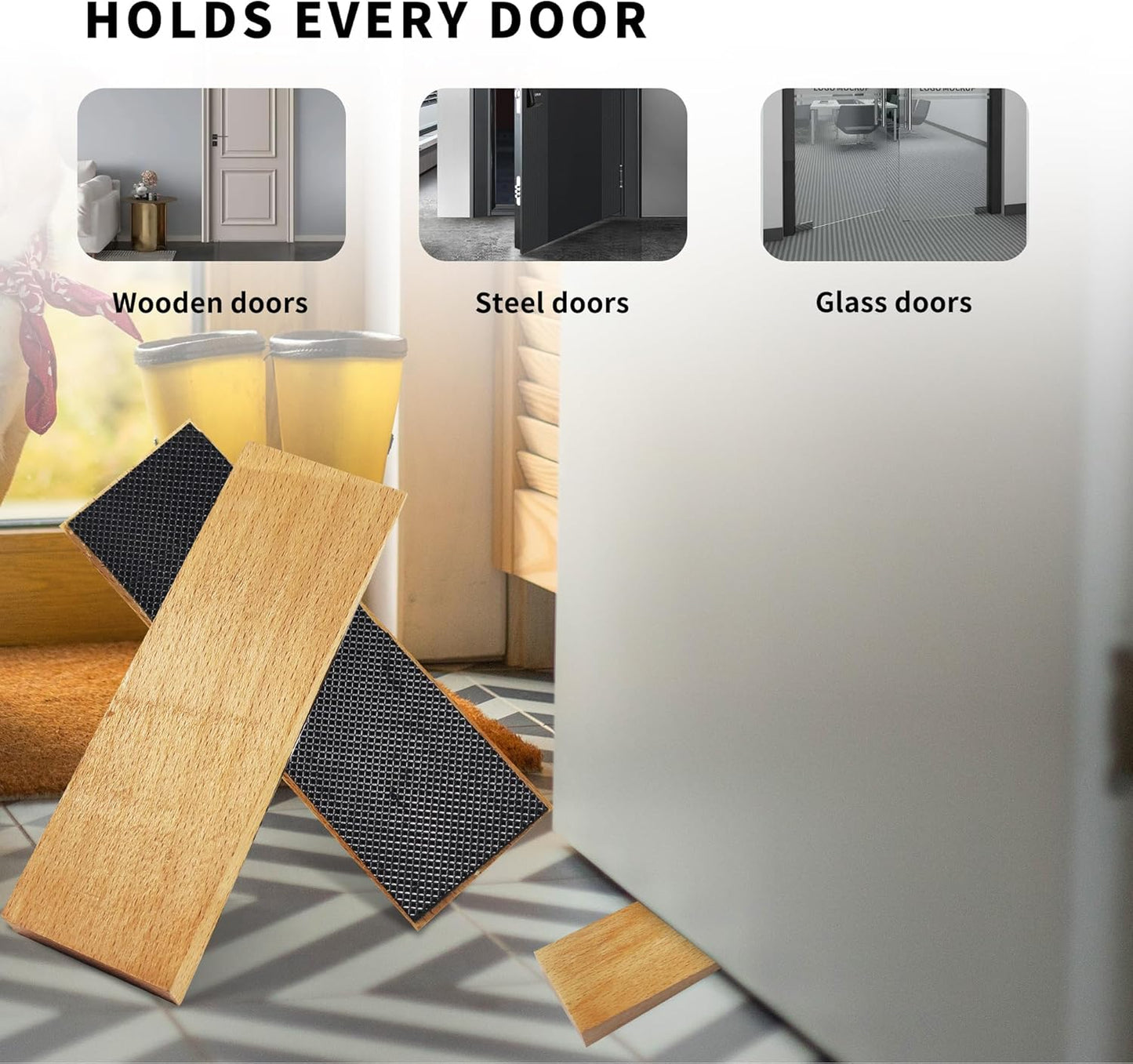 2 Pack Wooden Door Stop - Non-Slip Door Stoppers for Floor - Door Wedges for All Door Types and Surfaces - Each Door Stopper 2inch Thick, 6.3inch Long with Rubber
