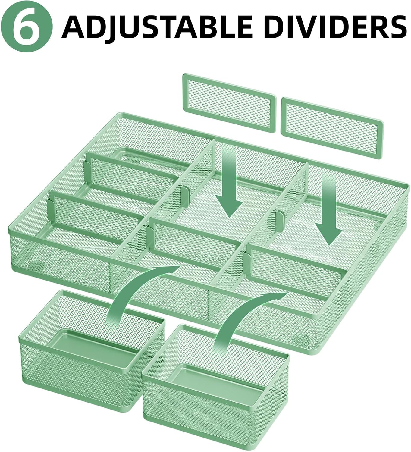 Marbrasse 3 Packs Desk Drawer Organizers, Metal Mesh Dividers with 9 Adjustable Compartments, Pen Organizer for Drawer Tray Box Accessories for Desktop,Kitchen, Makeup(Green)