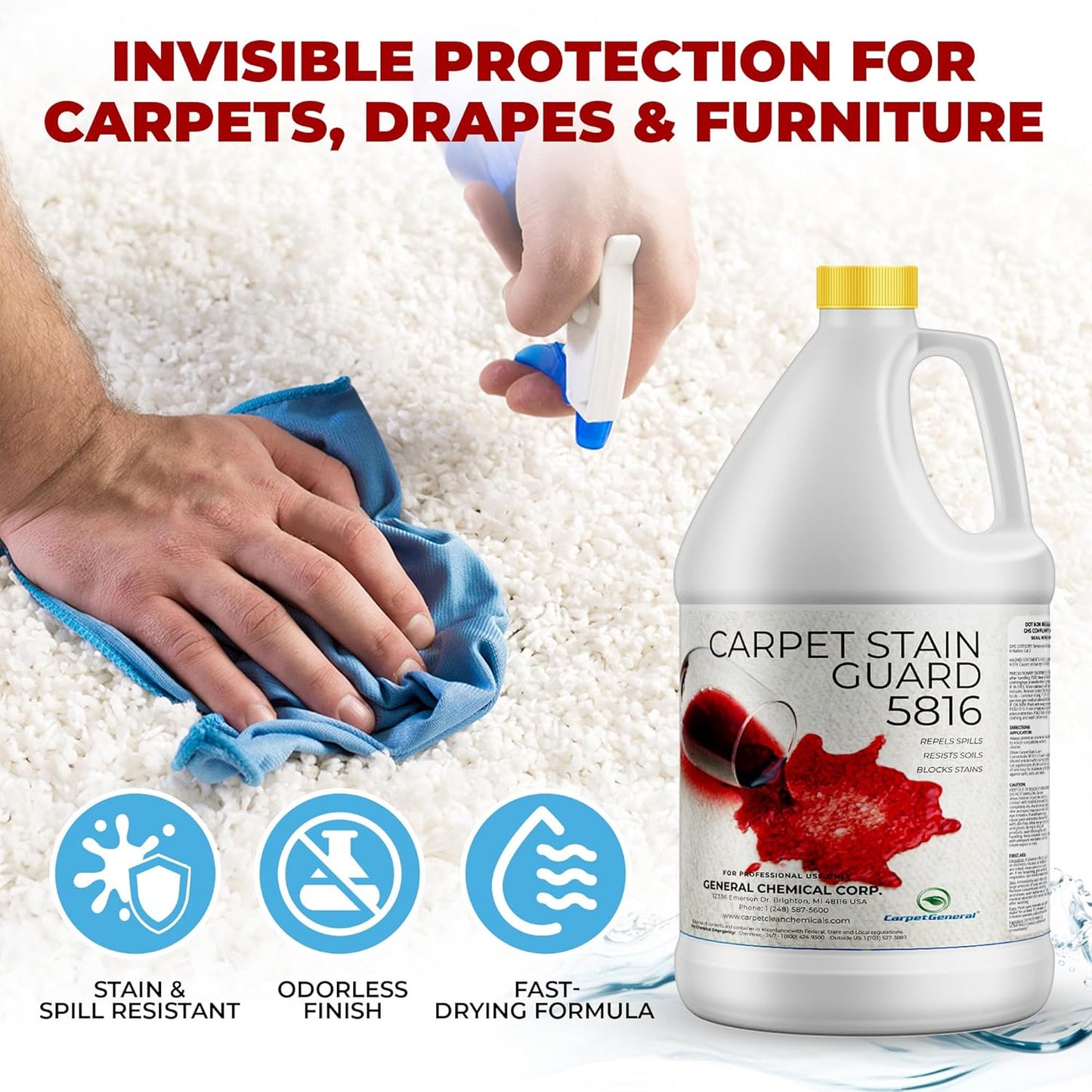 General Chemical Stain Shield Spray - Safe Fabric Protector Spray and Stain Guard 5816 for Upholstery, Carpets, Rugs, Drapes & More - Impermeable Protectant Spray for Outdoor & Indoor Use - 1 Gallon