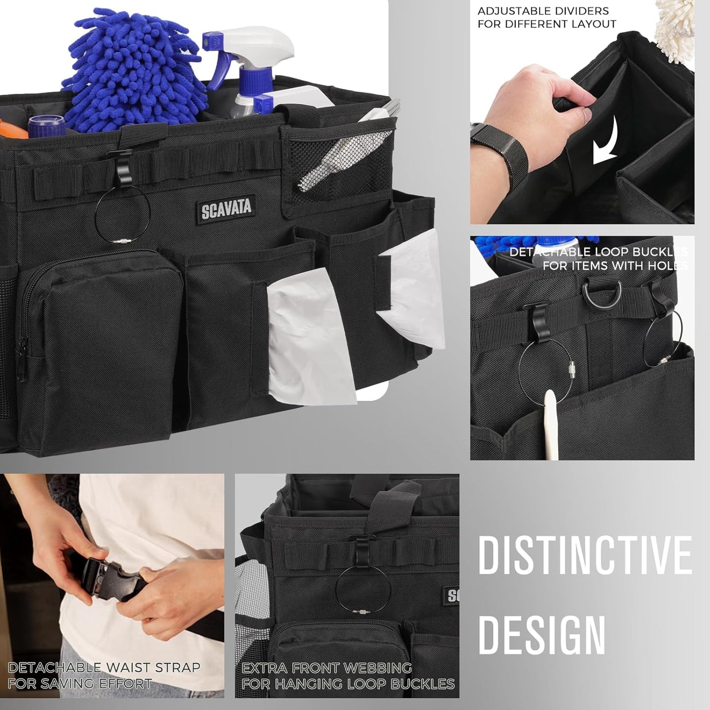 Wearable Cleaning Caddy Bag, Supplies Organizer with Handle & Shoulder Straps for Housekeepers, Under Sink & Car Cleaning Tool Organizer with 4 Foldable Dividers (Black)