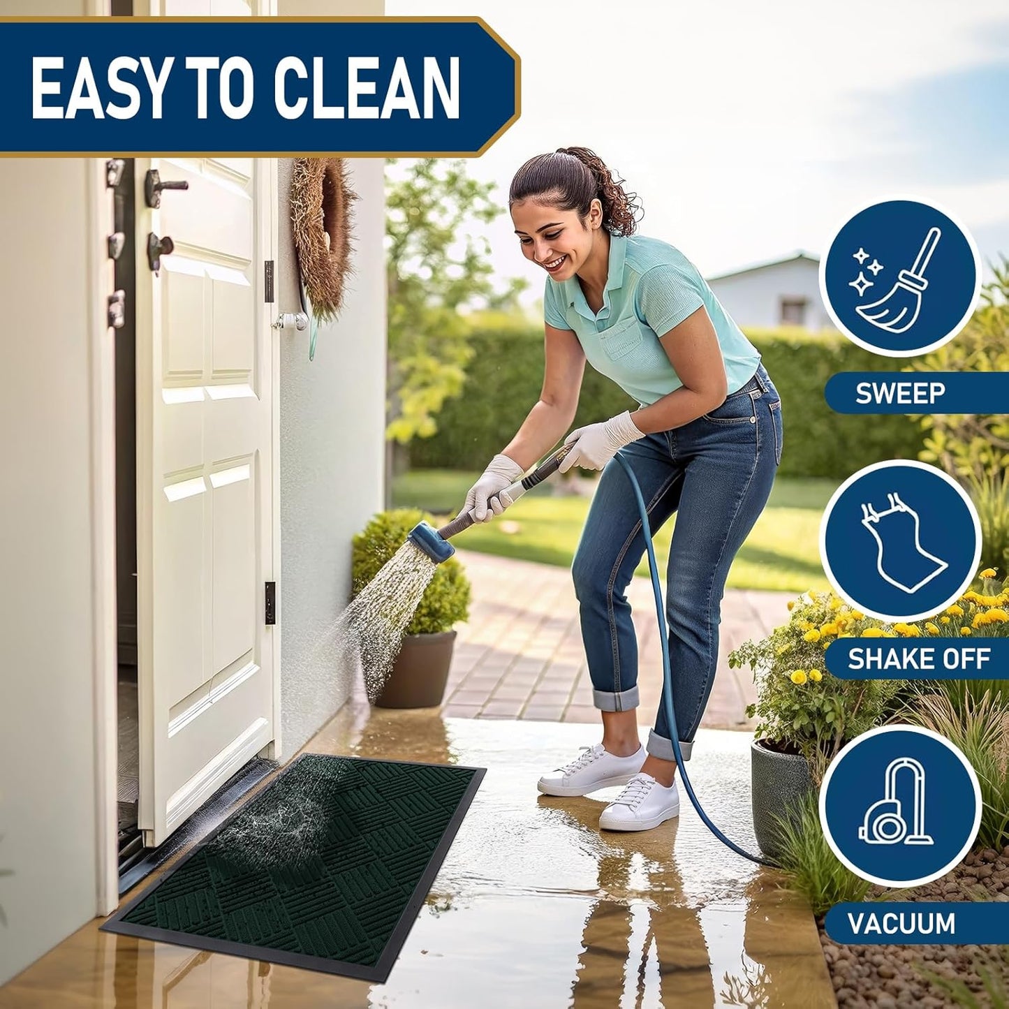 Smiry Front Door Mat Outside Entrance, Heavy Duty Outdoor Indoor Mat, Natural Rubber Doormat, Non Slip, Trap Dirt and Moisture, Easy Clean, Low Profile Patio Porch Entryway Mat, 29.5x17, Dark Green