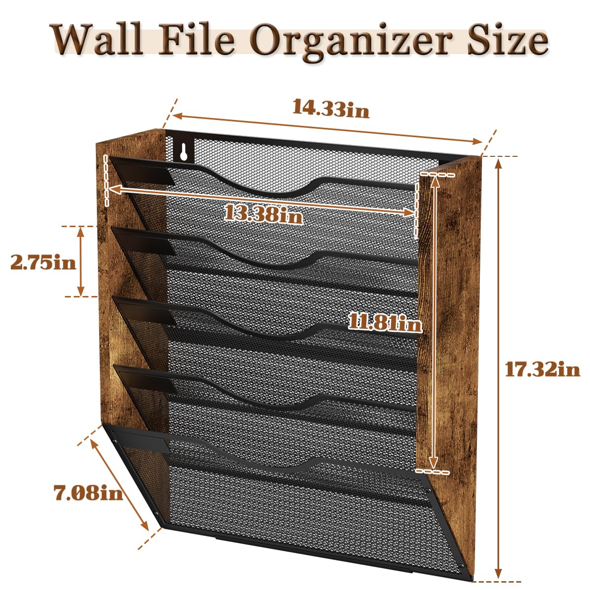 Ironwood Hanging Wall File Organizer, 5 Pocket Mesh Mail Organizer Wall Mounted with Nametag Label