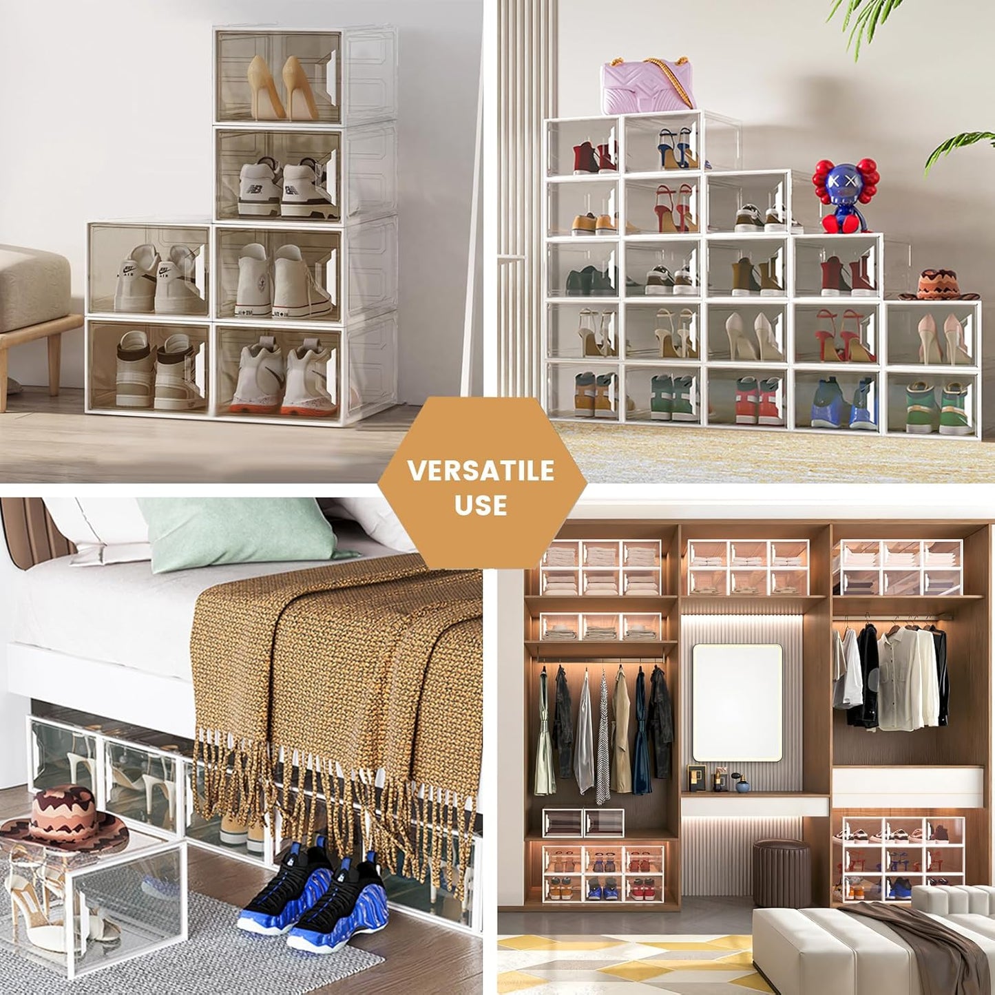 X-Large Stackable Shoe Boxes - Clear Plastic Shoe Storage Boxes with Magnetic Door, Thicken Shoe Organizer for Closet, Space Saving Foldable Shoe Containers Bins for Sneaker Boot - 8 Pack(White)