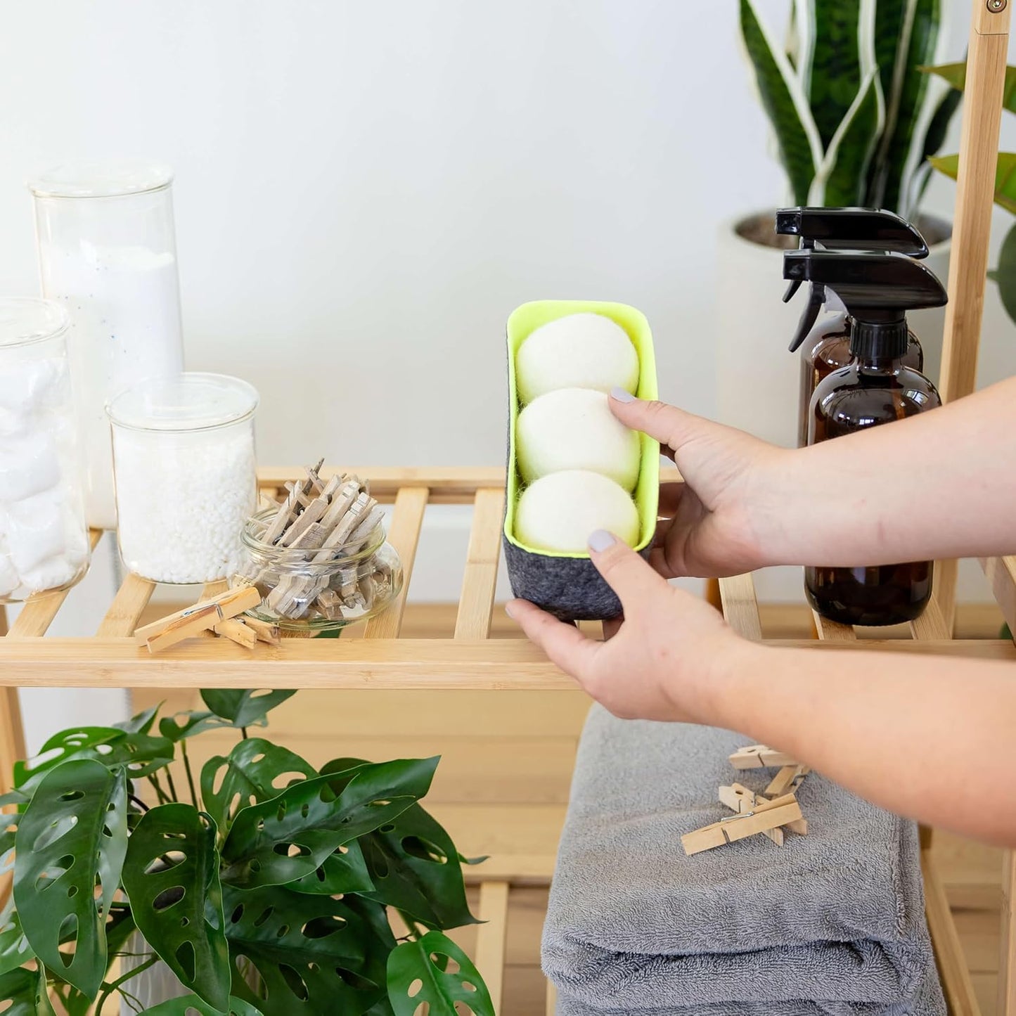 Three by Three Seattle Felt·Like·it!™ XL Wool Dryer Balls + Storage Bin: Reduce Drying Time, Static Cling, and Energy Use | Natural Alternative to Fabric Softeners | (Pack of 3 White Dryer Balls)