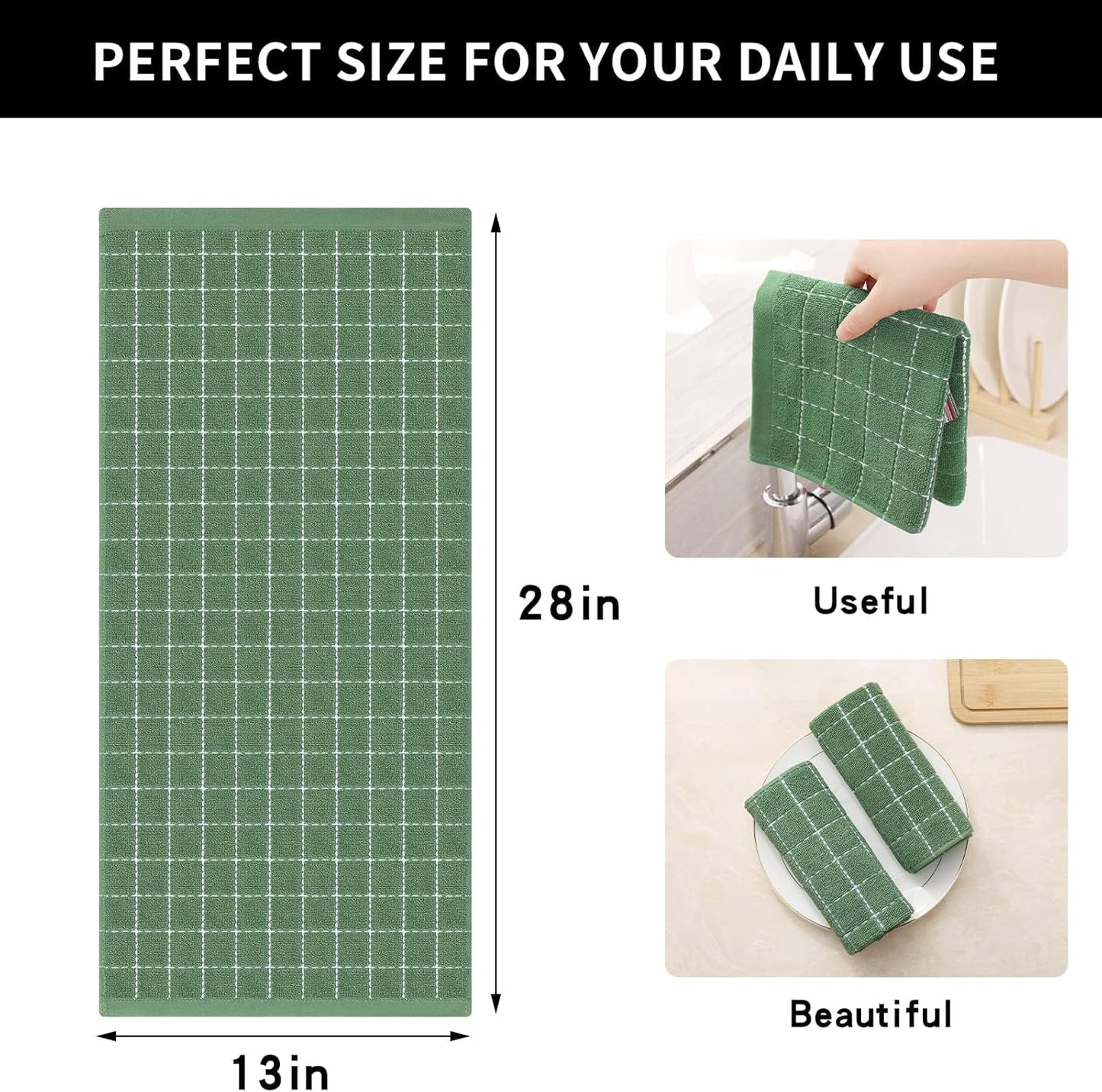 Homaxy 100% Cotton Terry Kitchen Towels(Grass Green, 13 x 28 inches), Checkered Designed, Soft and Super Absorbent Dish Towels, 6 Pack