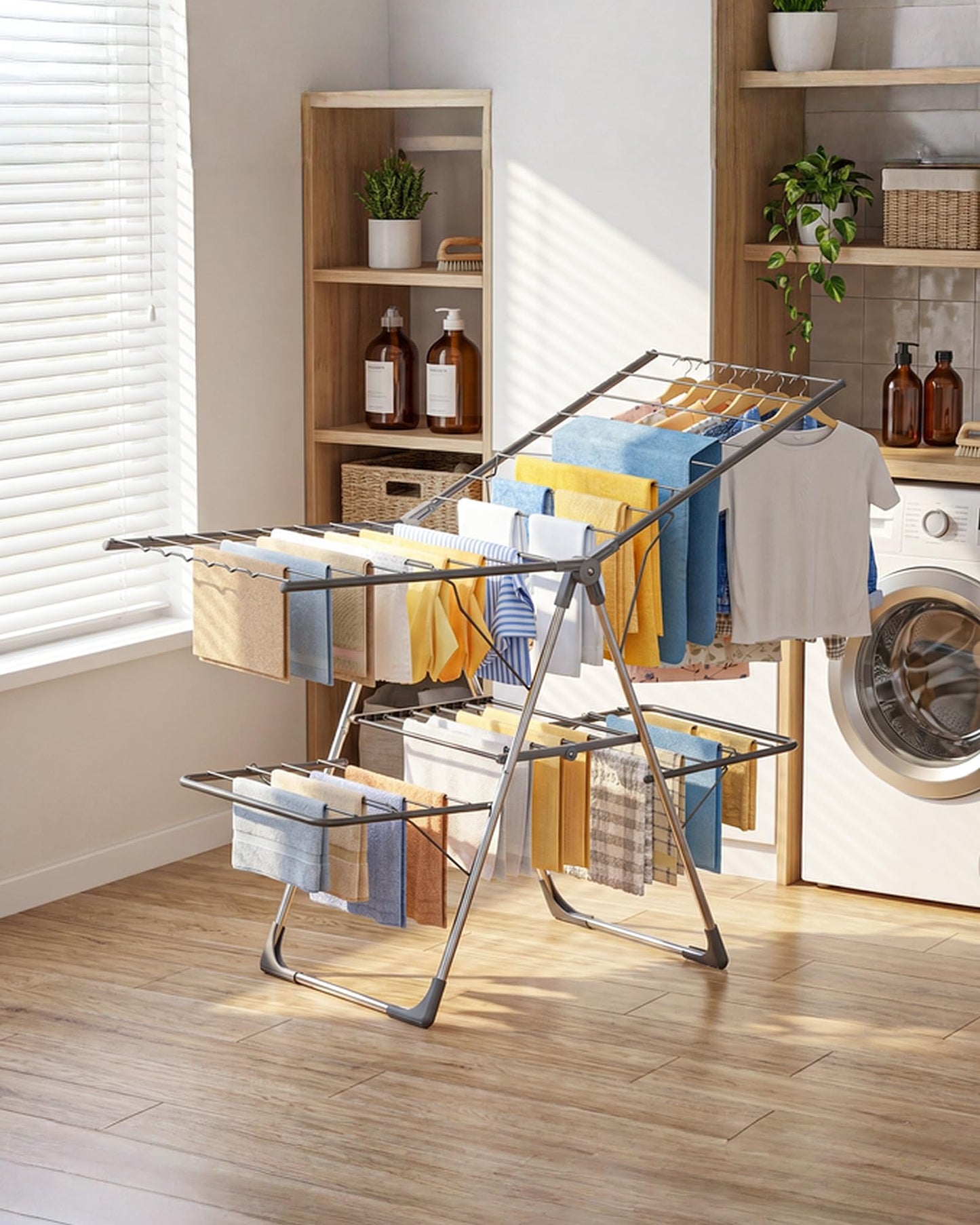 Sakugi Clothes Drying Rack, Foldable 2-Level with 55.5" Adjustable Wings