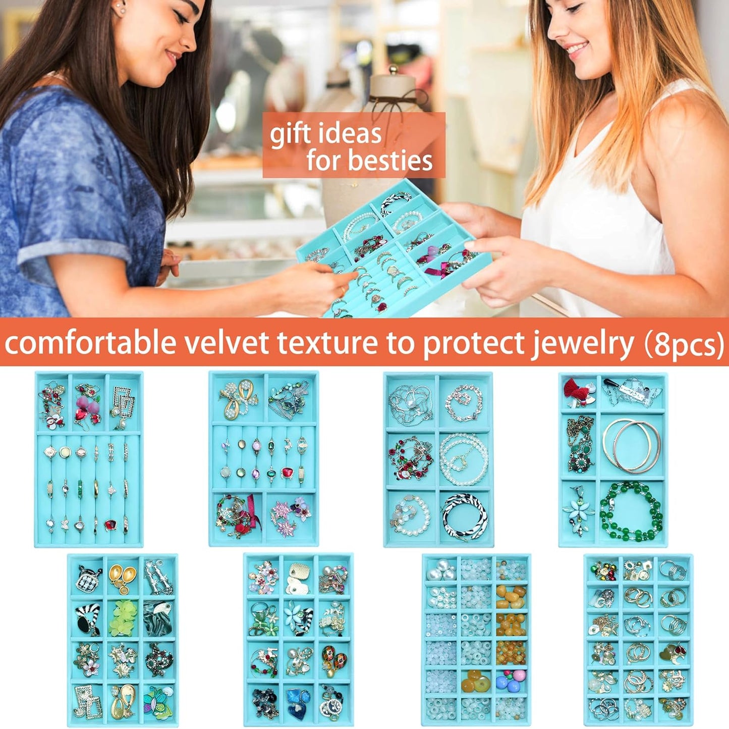 8 Pcs Velvet Jewelry Tray Stackable Jewelry Drawers Organizer Trays Rings Earrings Bracelet Organizer (8.2" x 5" x 1")