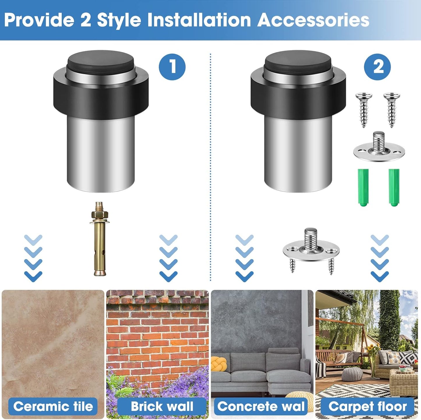 Chumia 6 Pcs Door Stopper Mounted Floor Stops Stainless Steel Cylindrical Stopper Modern Decorative Rubber Bumper Stops Holder Wall Protector for Bottom or Top of Door (Silver)