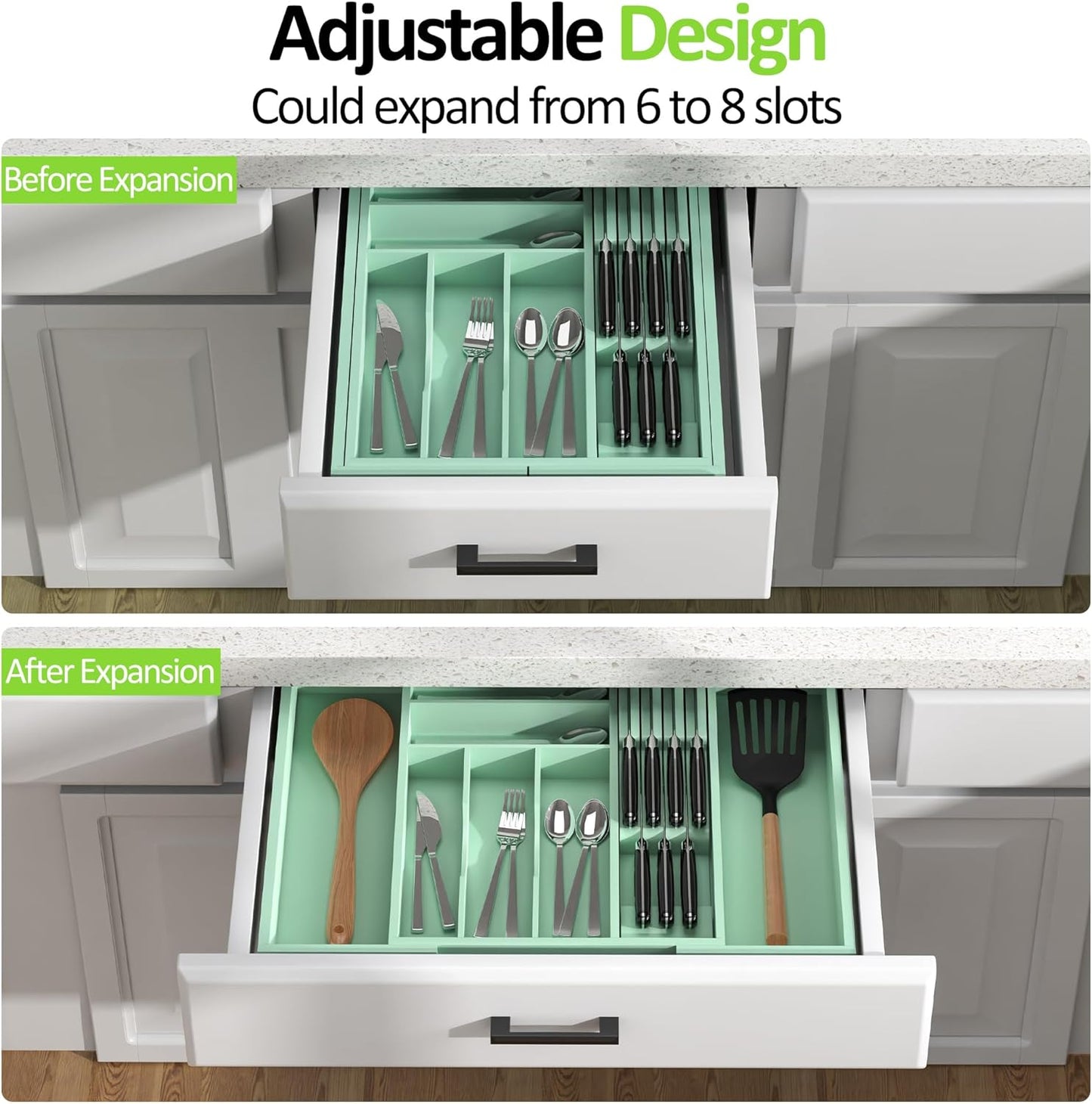 Bamboo Kitchen Drawer Organizer, Expandable Utensil Organizer with Removable Knife Block, Cutlery Tray Holder with Divider, Adjustable Silverware Organizer, Cyan