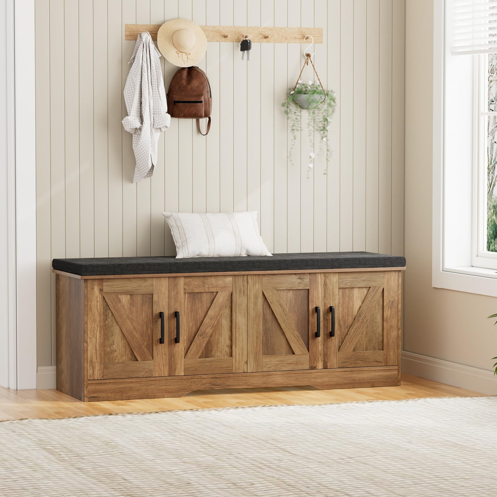HOMSHO Farmhouse Shoe Storage Bench with 4 Barn Doors & Padded Seat Cushion