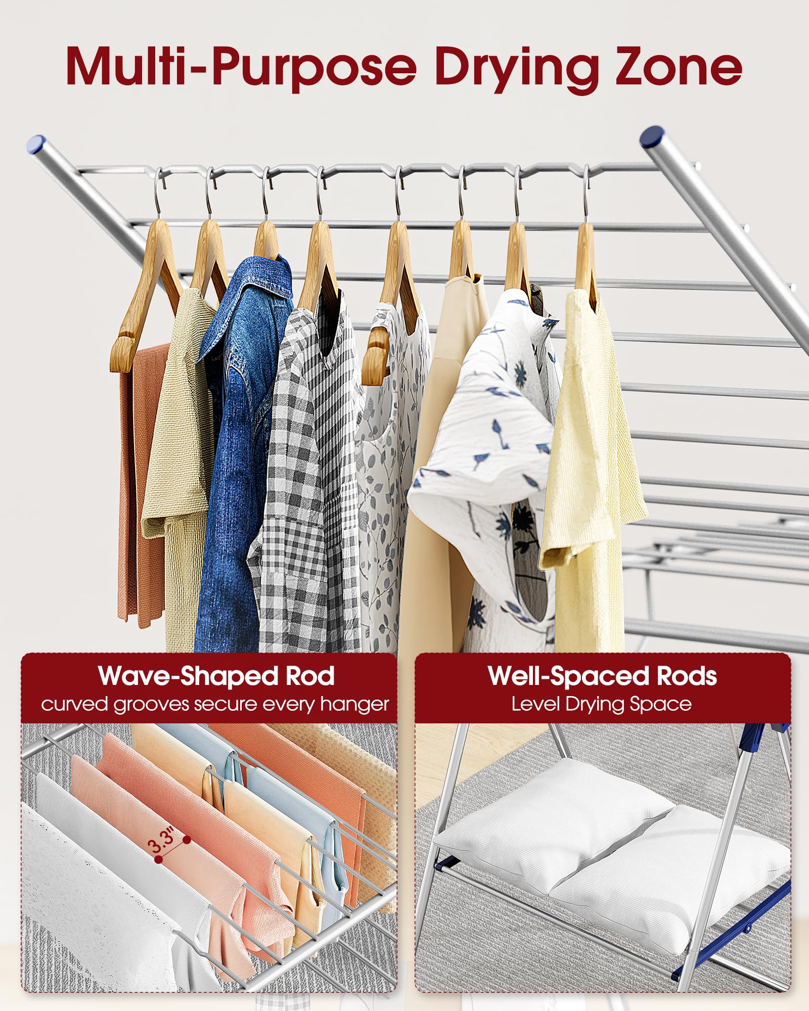 Sakugi Clothes Drying Rack, 55.5" Adjustable Wings, Foldable Design