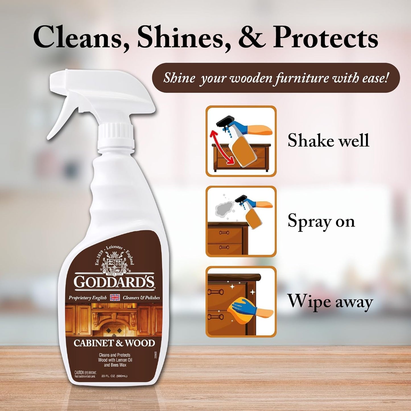Goddard's Cabinet & Wood Wax Spray, Wood Cleaner & Furniture Polish, Wood Conditioner with Beeswax and Lemon Oil, Shine & Stain Protection, 23 oz