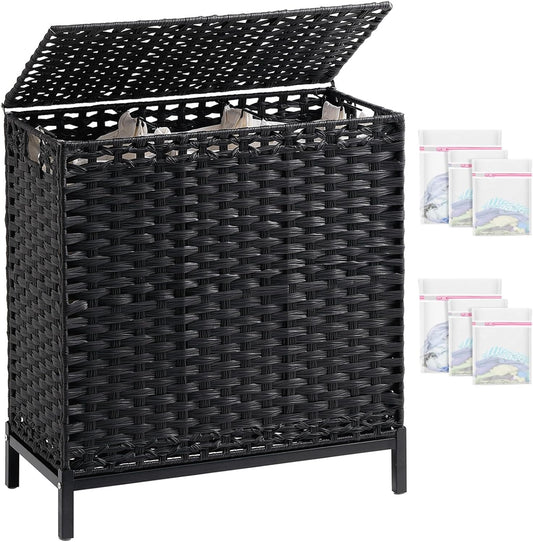 Laundry Hamper with Lid 132 L, (35 Gallons) Clothes Hamper with Lid, Handwoven Rattan Laundry Hamper with Metal Heightened Feet, Laundry Hampers with 3 Removable Liner Bags for Laundry-Black