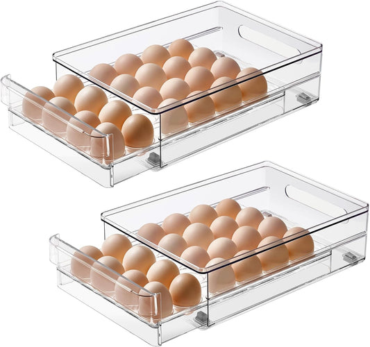 vacane 24 Capacity Egg Holder for Refrigerator Organizer Bins, Clear Egg Storage Container for Fridge Egg Drawer Egg Tray with Non-Slip Pads, Bpa Free Egg Organizer-2 Pack