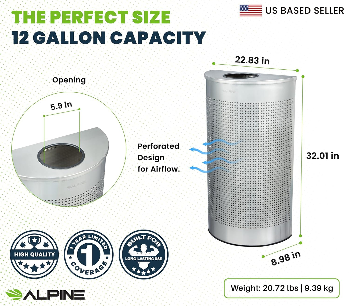 Alpine Half Round Trash Can Open Top - Modern 12 Gallon Stainless Steel Space Saving Indoor Commercial Trash Can, Narrow Garbage Can for Bathroom. Office, Lobby and Business.