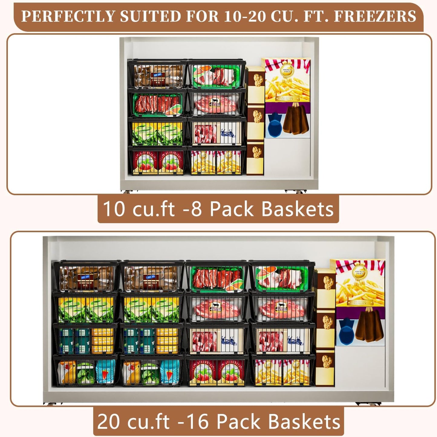 Large Freezer Organizer Bins，Upgraded Bottom Leak-Proof net，Fit 10 to 20 Cu Ft Chest Freezer，3 Pack， Expandable Stackable Chest Freezer Containers with Handle(Black-3Pack)