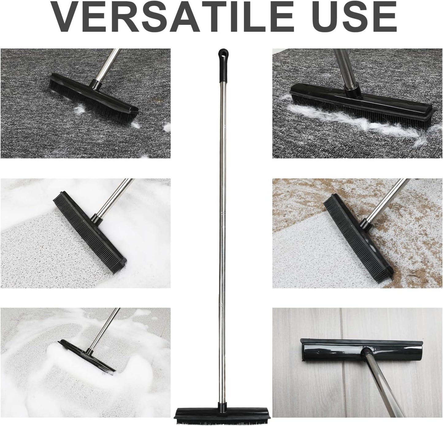 Rubber Broom and Dustpan Set,Pet Hair Removal Rubber Broom with Squeegee and Stainless Steel Dust Pan,Carpet Rake Push Broom and Dustpan for Fluff Hardwood Floor Tile (Black)