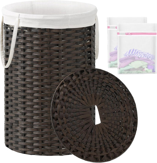 Large Laundry Hamper Laundry Basket Round 34.3 Gal (130 L) Handwoven Wicker Laundry Baskets Rattan Laundry Basket with Laundry Bag Handles 2 Mesh Bags for Living Room Bedroom Brown