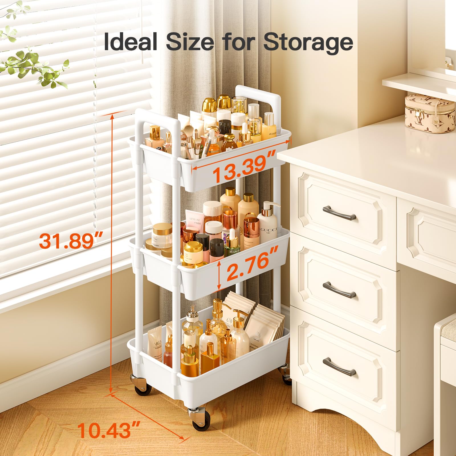 Pipishell 3 Tier Rolling Cart Organizer, Plastic Rolling Cart with Lockable Wheels & Reinforced