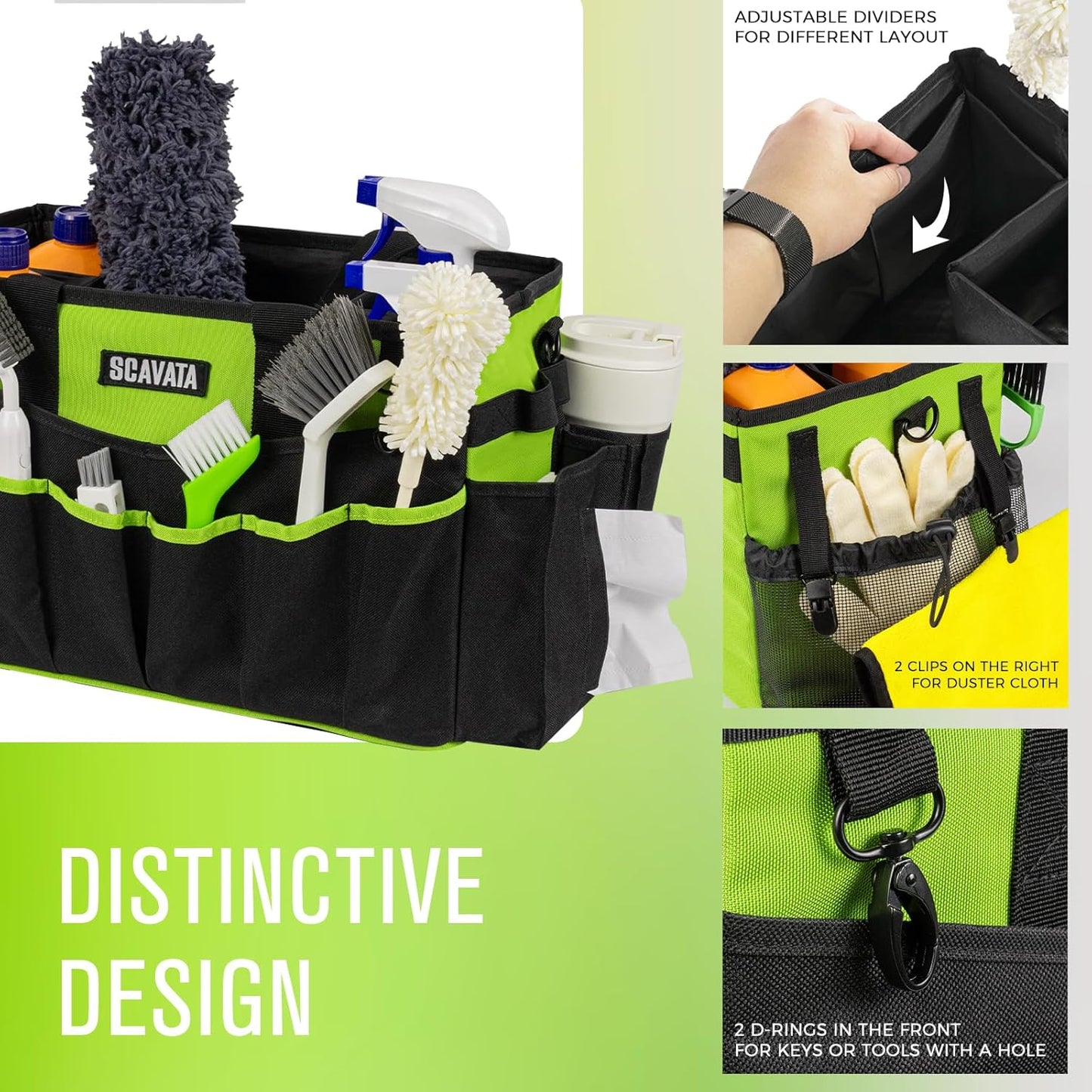 Wearable Cleaning Caddy Bag, Cleaning Caddy Supplies Organizer with Handle & Shoulder Straps for Housekeepers, Under Sink & Car Cleaning Tool Organizers with 4 Foldable Divider (NeonGreen)