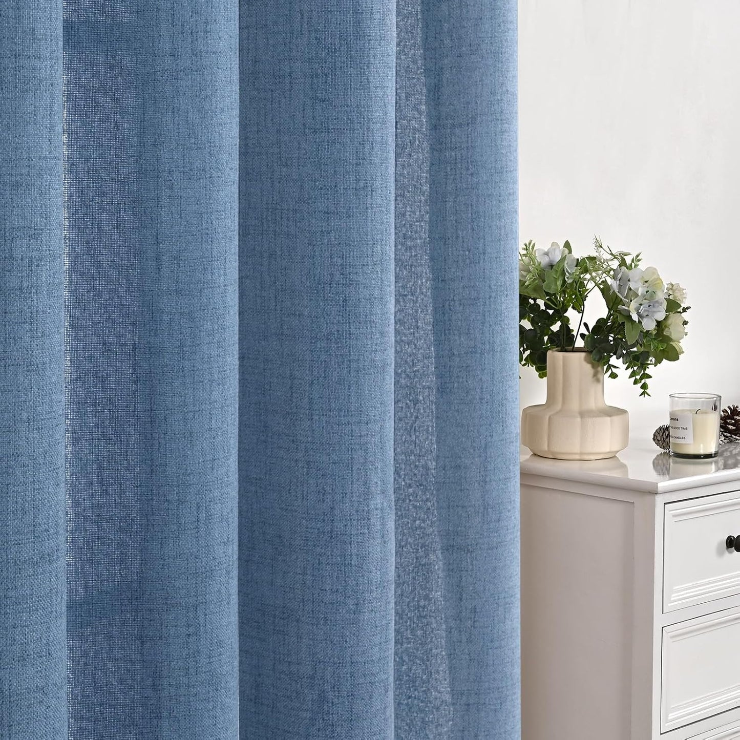 YoungsTex Denim Blue Short Linen Curtains 45 Inches Length for Kitchen, Light Filtering Semi Sheer Drapes with Rod Pocket Back Tab for Bedroom Cafe Small Window Privacy, 42 x 45 Inch, 2 Panels