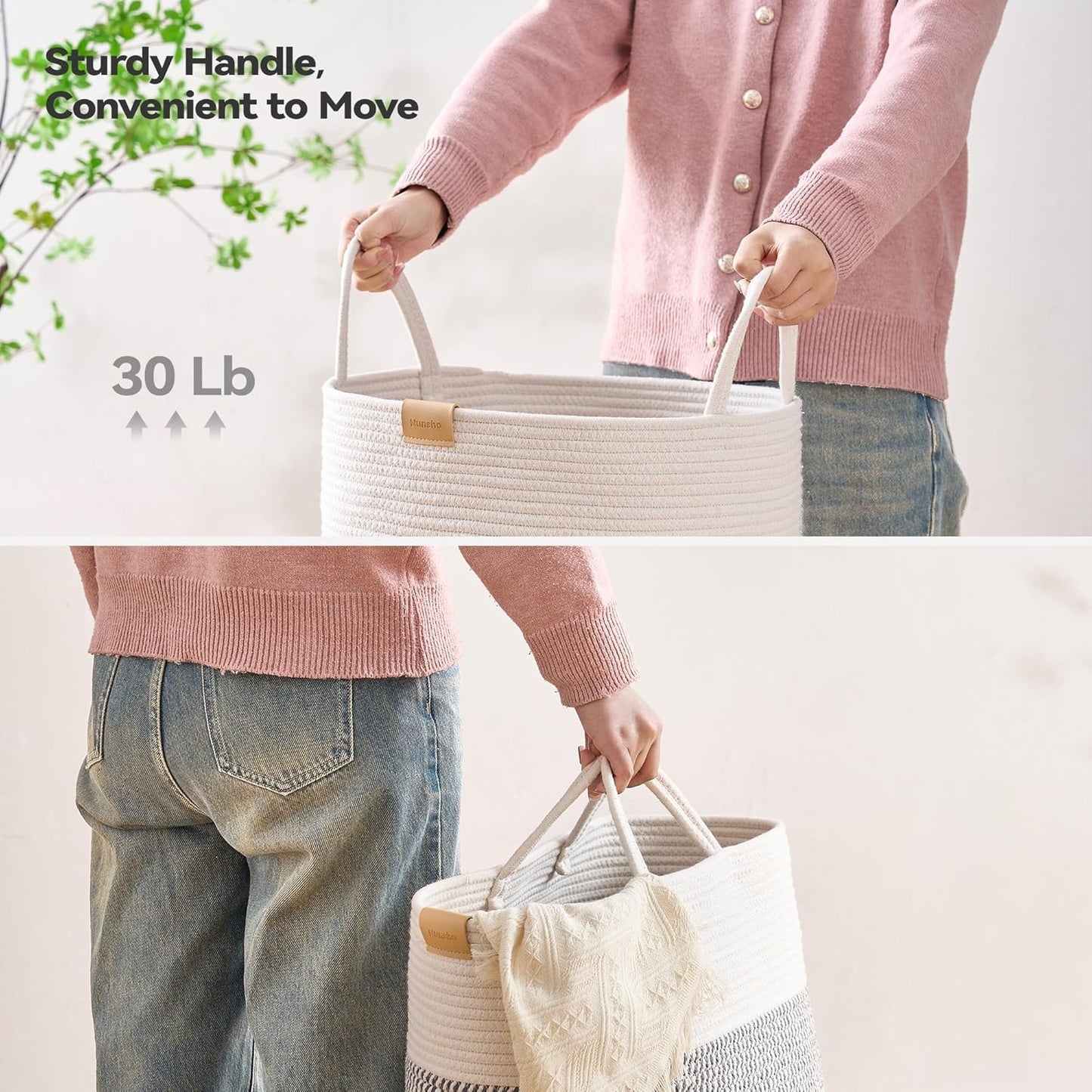 Laundry Hamper 62L,Large Laundry Basket for Clothes,Decorative Storage Basket for Blankets,Cotton Rope Woven basket for bedroom,Grey White