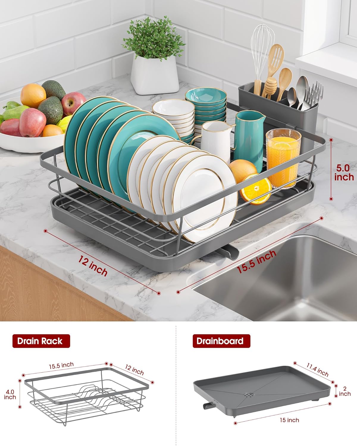 Stainless Steel Dish Drying Rack for Kitchen Counter, Sink Organization and Storage Essentials with Silverware & Utensil Holder, Home and Apartment Decor, 12''W x 15.6''L, Gray