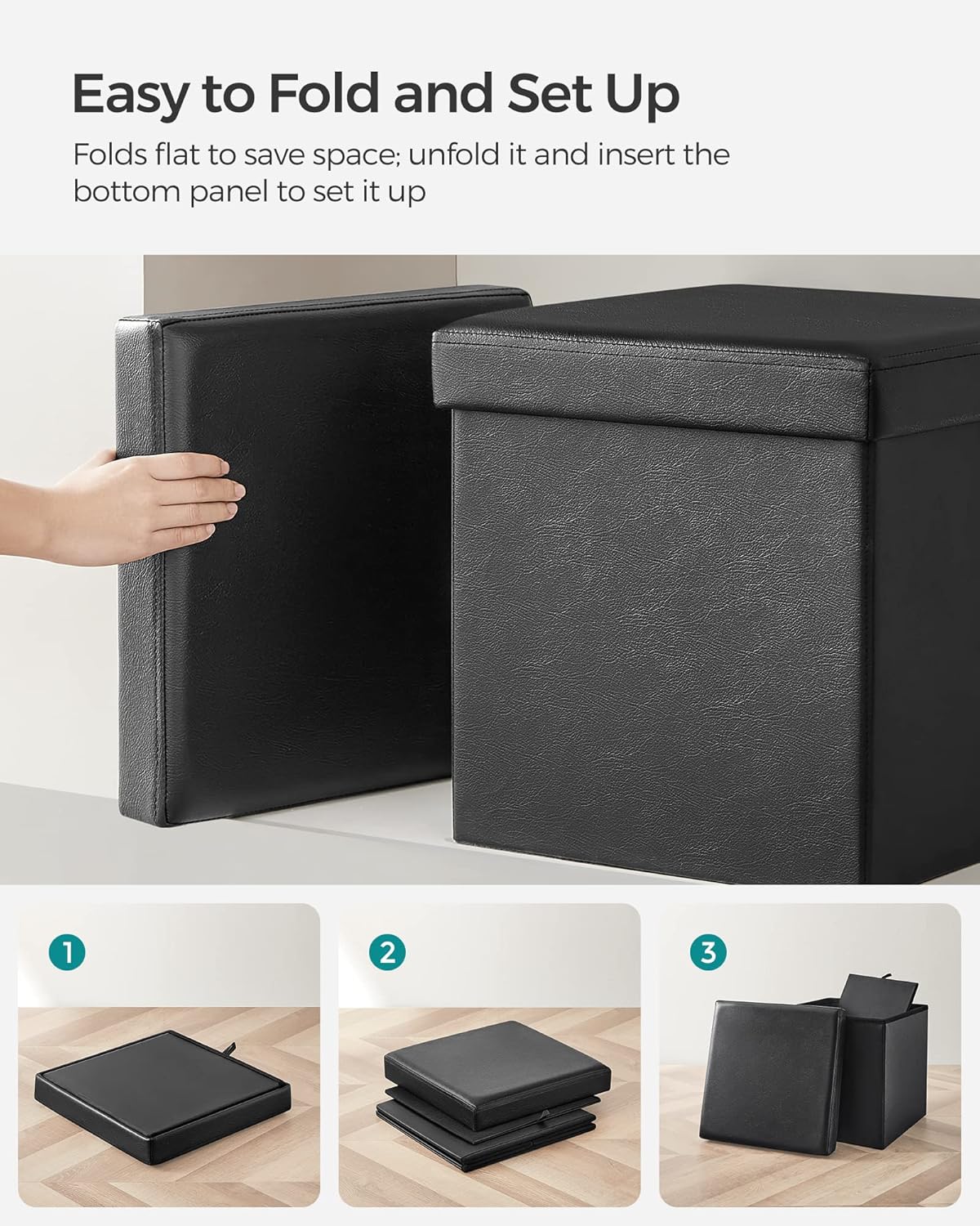 SONGMICS MAZIE Collection - 15 Inches Ottoman with Storage, Footstool, Storage Ottoman, Load 660 lb, for Dorm, Living Room, Bedroom, Synthetic Leather, Black ULSF101