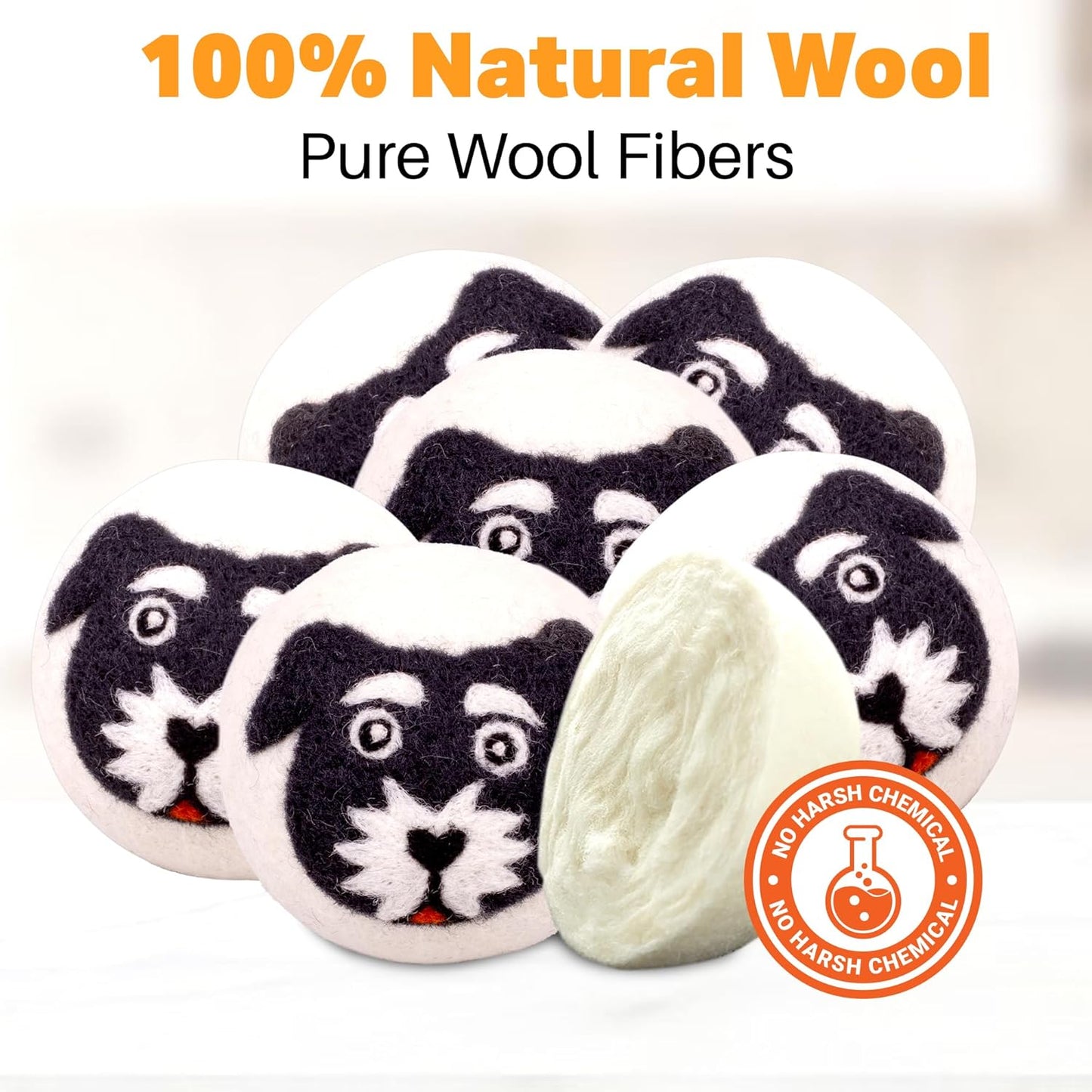 Wool Dryer Balls Organic Felt 6 Pack Laundry Fabric Softener, Extra Large Reusable Handmade Natural Sheep Wool Lint Wrinkle Free Anti Static Baby Safe (Black White Dog)