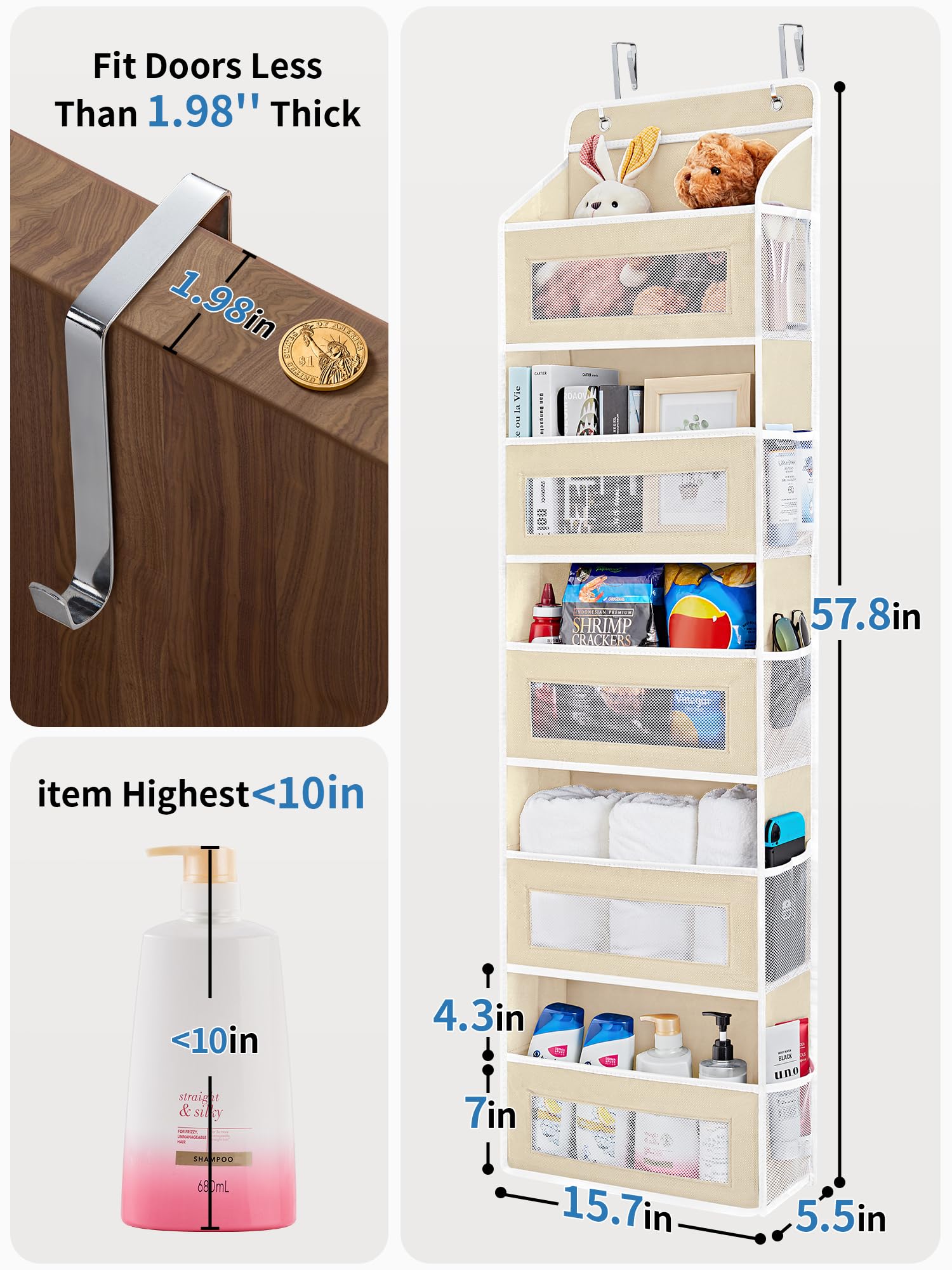 JARLINK Over the Door Organizer for Bedroom, Pantry Bathroom, 5 Shelf Beige