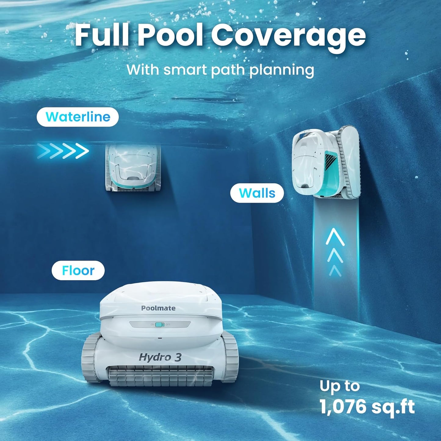 Poolmate Hydro 3 All-in-one Pool Vacuum Robot, 200mins Runtime Cordless Pool Cleaner, 2 150W Brushless Motor+Floor/Wall/Waterline Scrubber Brush,Ideal for Inground/Above-Ground Swimming Pools