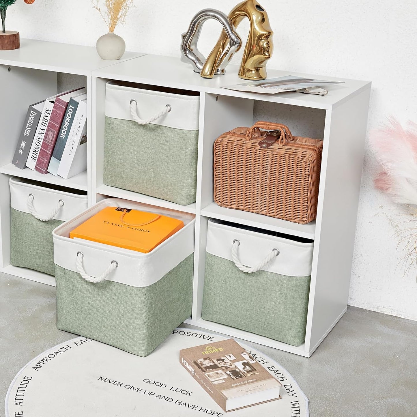 13 x 13 Inch Extra Large Storage Cubes,6 Pack Cube Storage Bins for Shelves，Fabric Collapsible Storage Bins with Handles, Foldable Storage Basket for Organizing Clothes, Toys (White&Green)