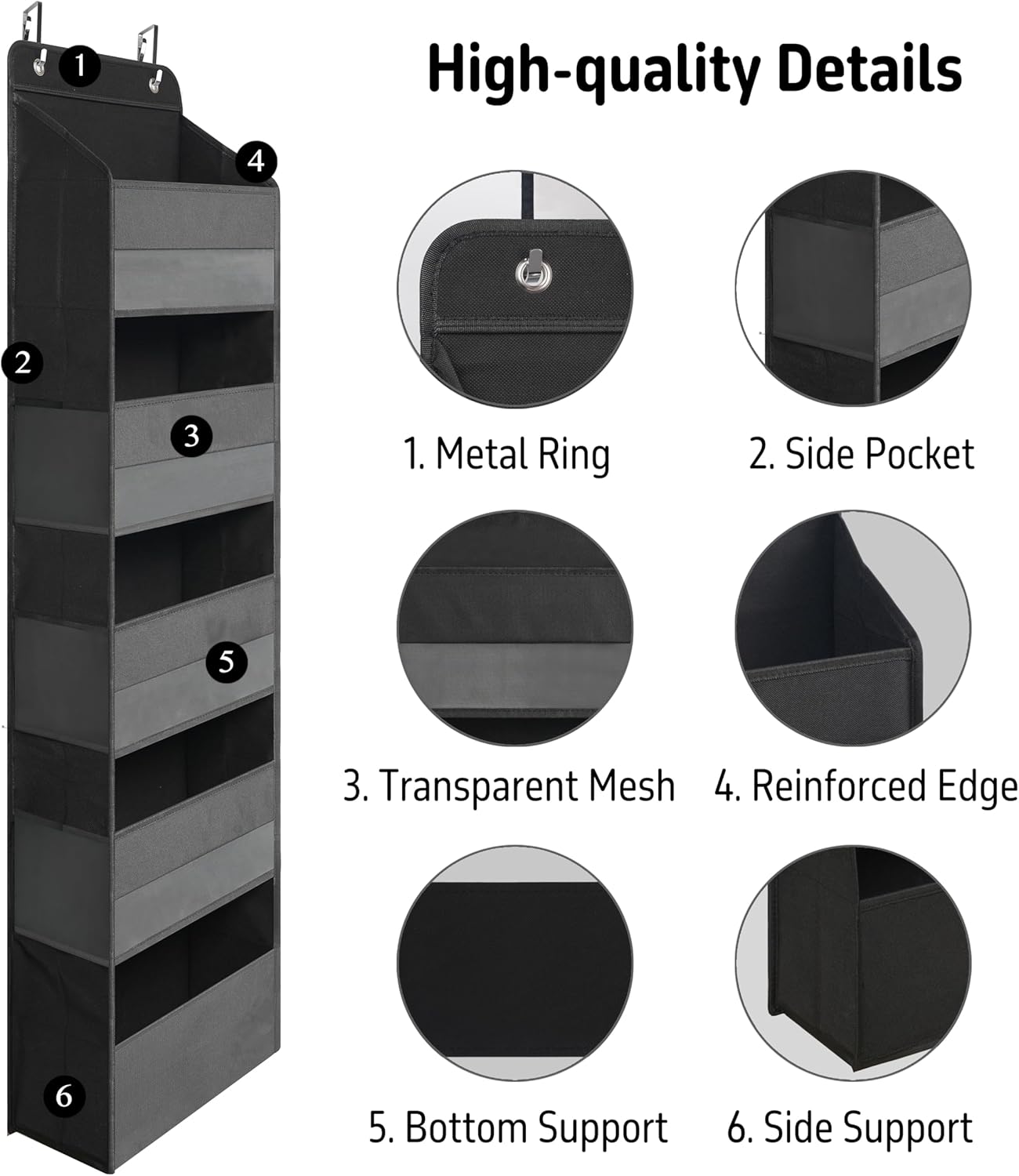 Over Door Organizer with 5 Large Pockets, Heavy Duty Hanging Organizer Storage, Closet Bathroom Nursery Bedroom Dorm, Toys Cosmetics Sundries and Baby Essentials, Black