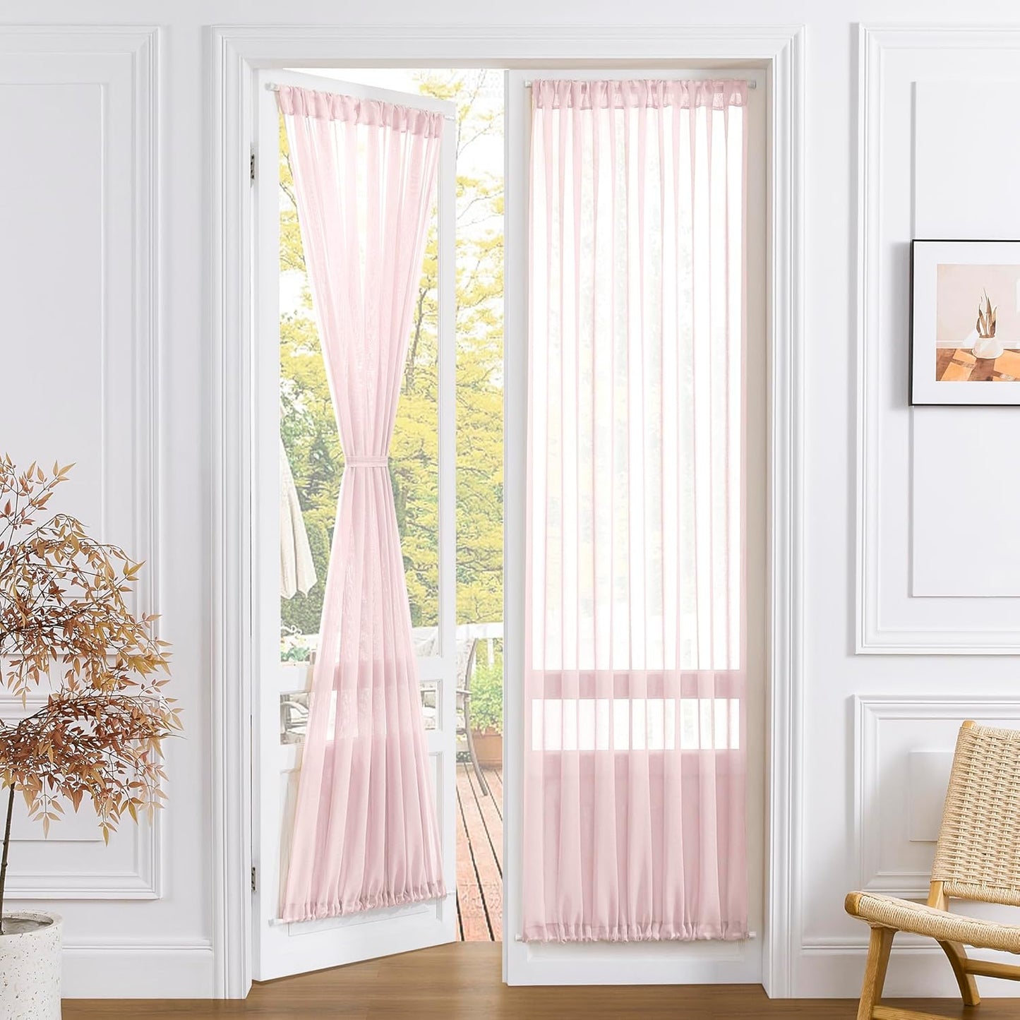 Tollpiz Sheer Door Curtains Closet Linen Textured Curtains Sheer Doorway Light Filtering Voile Rod French Door Pocket Curtain Patio Glass Door, 25 x 72 inches Long, Pink, Set of 1 Panel