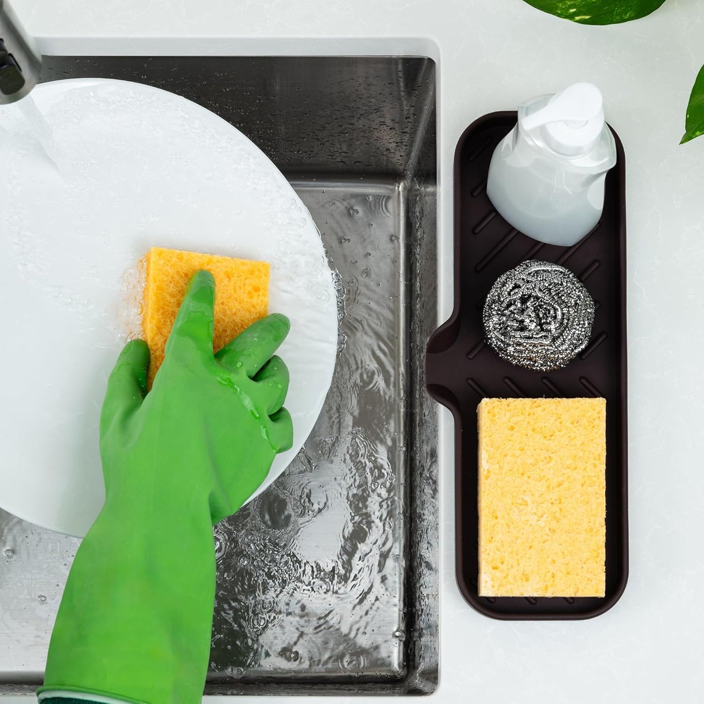 Zulay Large Silicone Sponge Holder (12x4) – Flexible Sink Organizer Tray for Kitchen & Bathroom – Multipurpose Soap Dish for Sponges, Makeup, Trinkets & More (Chocolate)