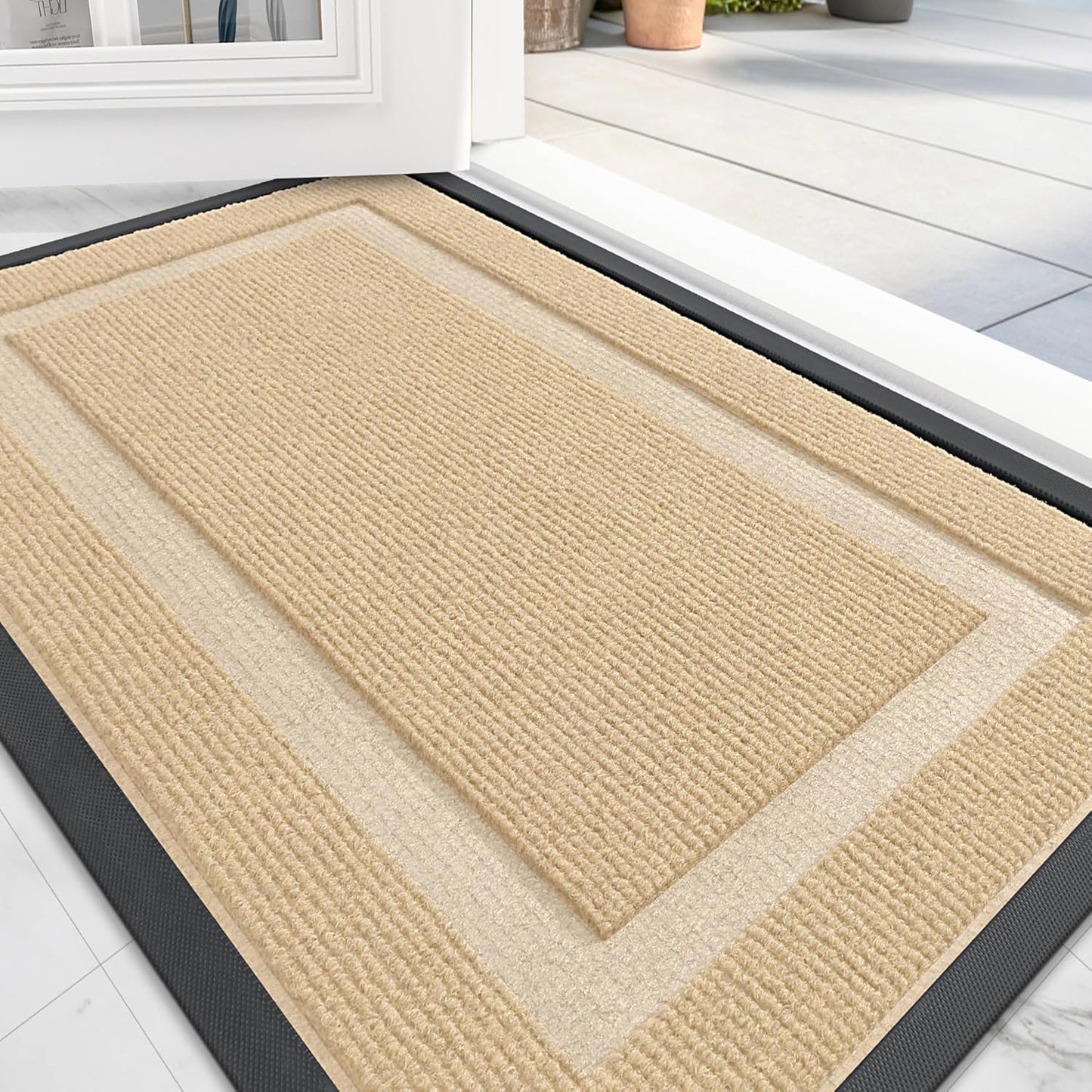 OLANLY Front Door Mat Indoor Outdoor Entrance, Waterproof All-Season, All-Weather Doormat, Sturdy Natural Rubber, Fade Resistant, Low Profile, Easy Clean Patio Porch Entryway Mat, 47x17, Beige