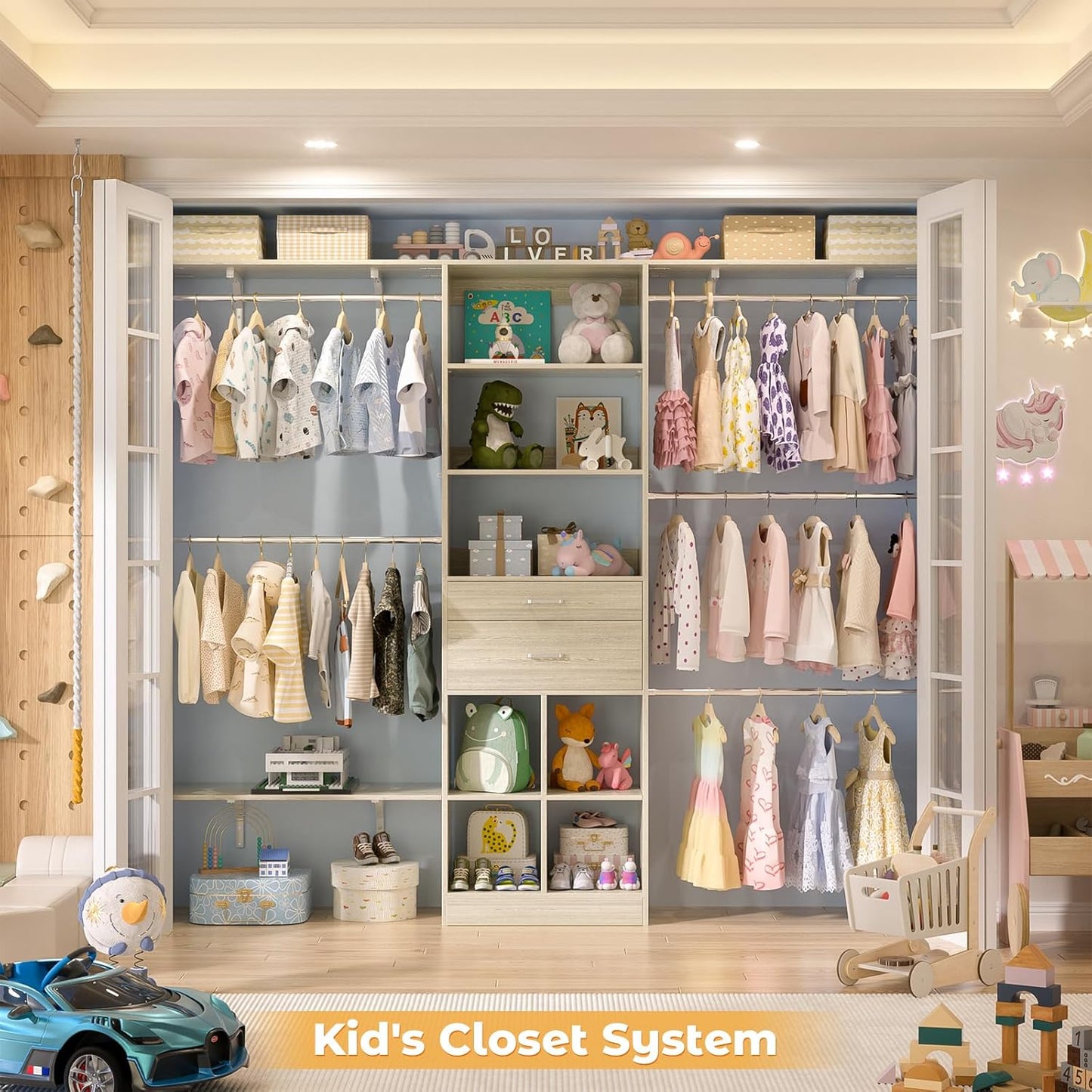 Closet System - 4.75-8FT Closet Organizer System with Wooden Drawers & Cube Storage Organizer, Up To 96" Closet Systems for Nursery & Walk-In Closets with Cuttable Hanging Shelving, Greige Oak