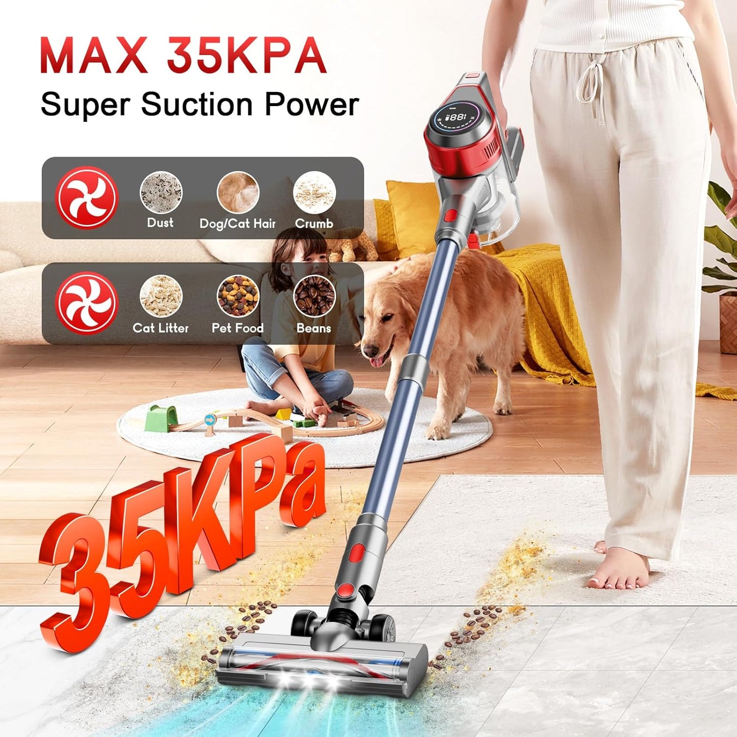Cordless Vacuum Cleaner, 35Kpa Vacuum Cleaner for Home, 45Mins Stick Vacuums with Battery Display, Anti-Tangle &Wall Mount Charging, 8 in 1 Lightweight Vacuum for Hard floor Carpets Pet Hair, Y5