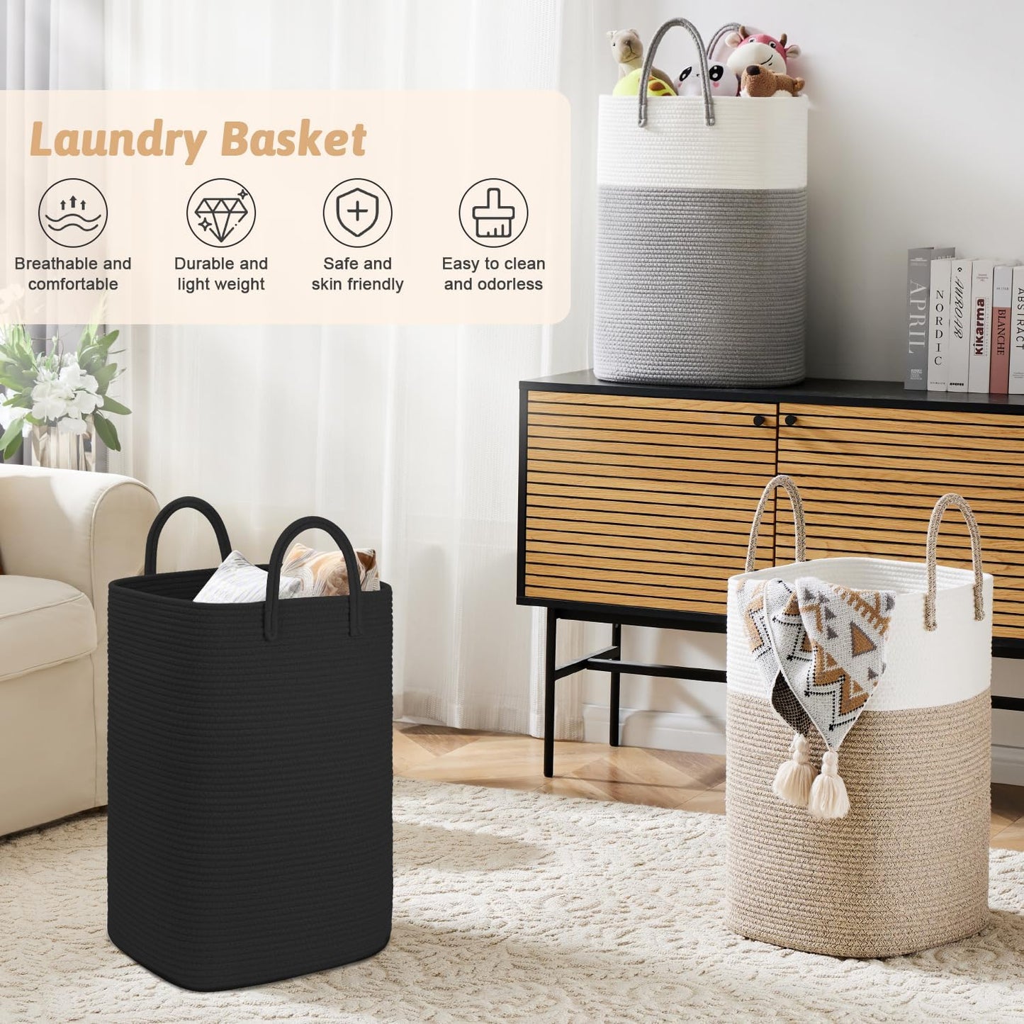Laundry Basket,Woven Cotton Rope Laundry Hamper,80L Versatile Storage for Dirty Clothes,Baby Toys,and Blankets in Bathroom, Nursery,and Living Room