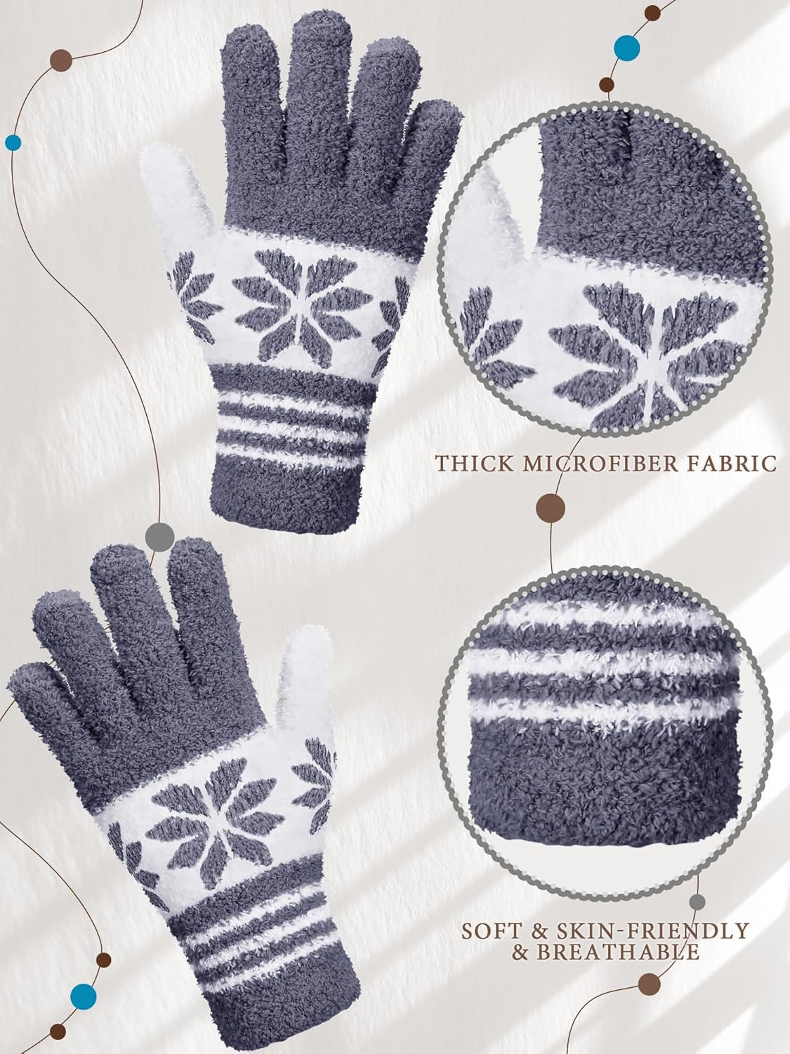 Patelai 3 Pairs Microfiber Plant Dusting Gloves Leaf Cleaning Gloves for Indoor Plants, Blinds, Furniture, House(Small,Snowflake Dark Blue, Gray, Khaki, White)