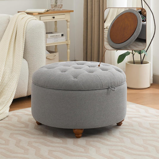 30Inch Round Storage Ottoman with Tray, Modern Tufted Fabric Circle Coffee Table with Storage