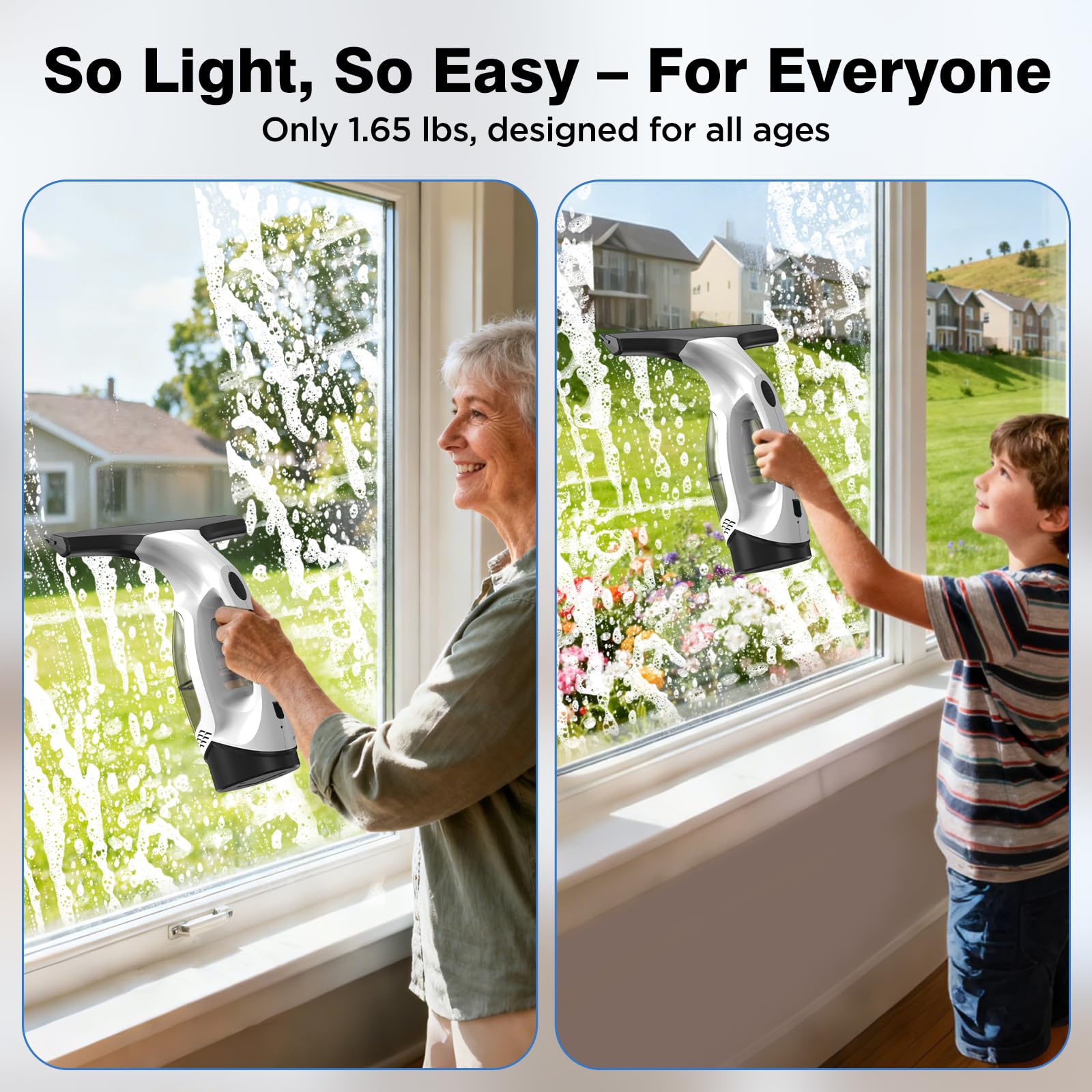 ZRHI Window Vacuum Squeegee Cordless, 2000Pa Electric Window Cleaner Tool with 2200mAh & 150ml