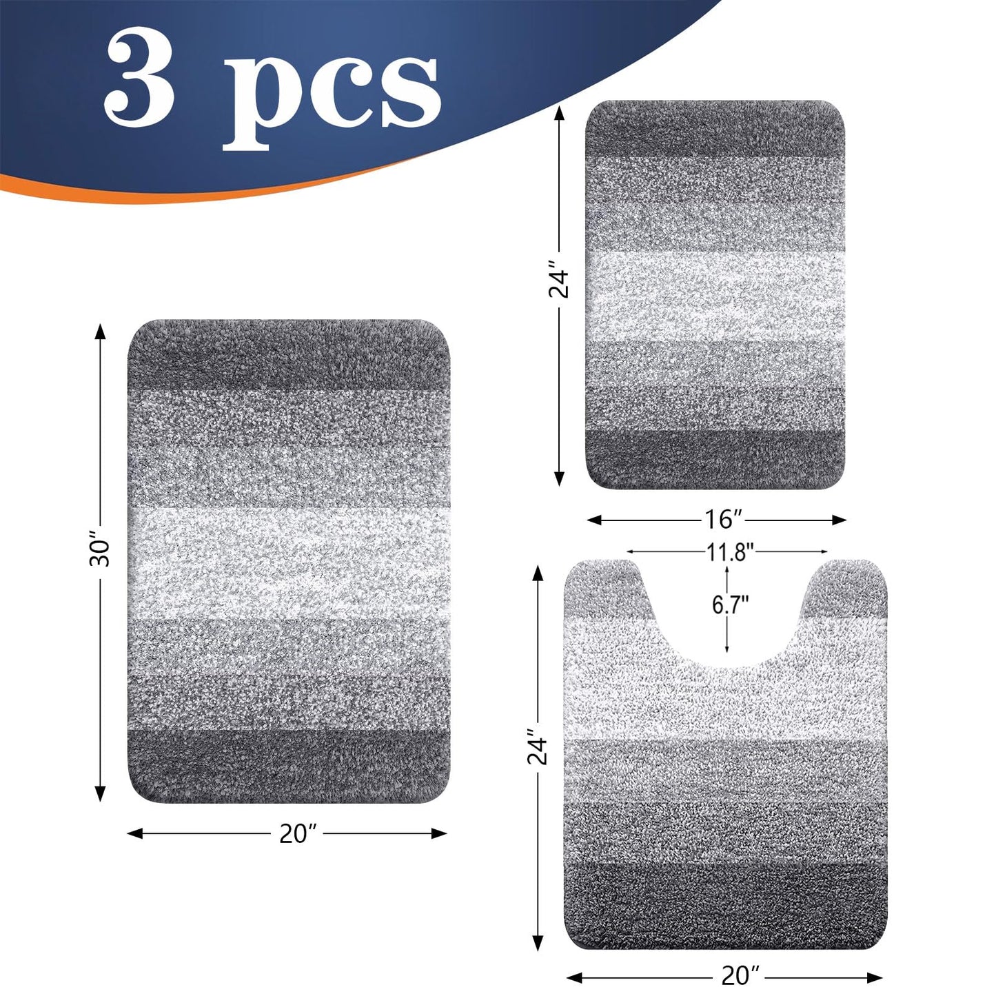 OLANLY Microfiber Bathroom Rugs Sets 3 Piece, 30"x20"+24"x16"+24"x20"